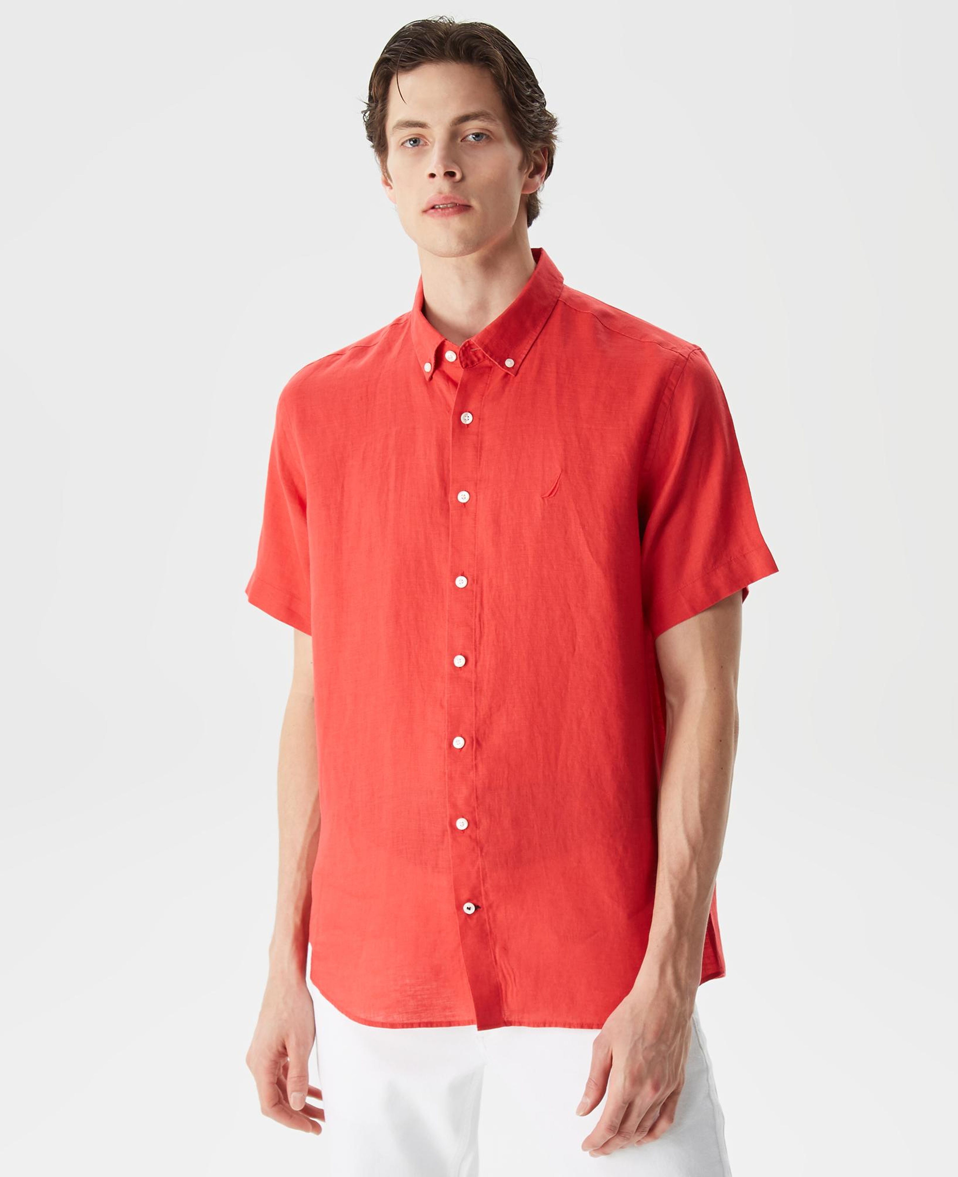 Nautica Erkek Turuncu Classic Fit Kısa Kollu Keten Gömlek