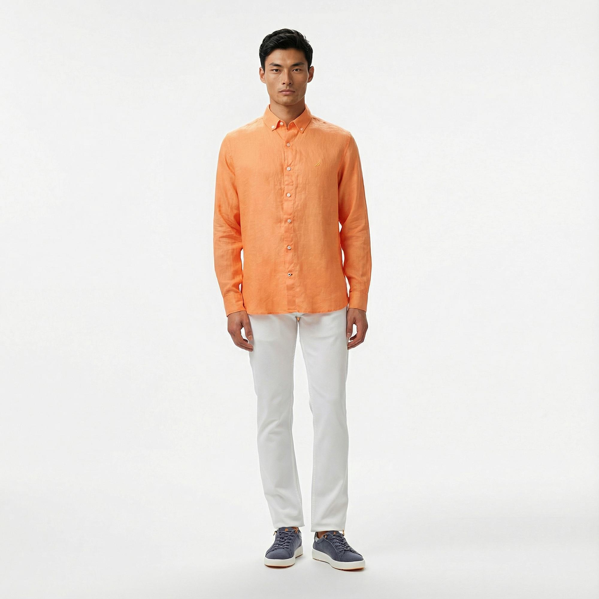 Nautica Erkek Turuncu Classic Fit Keten Gömlek