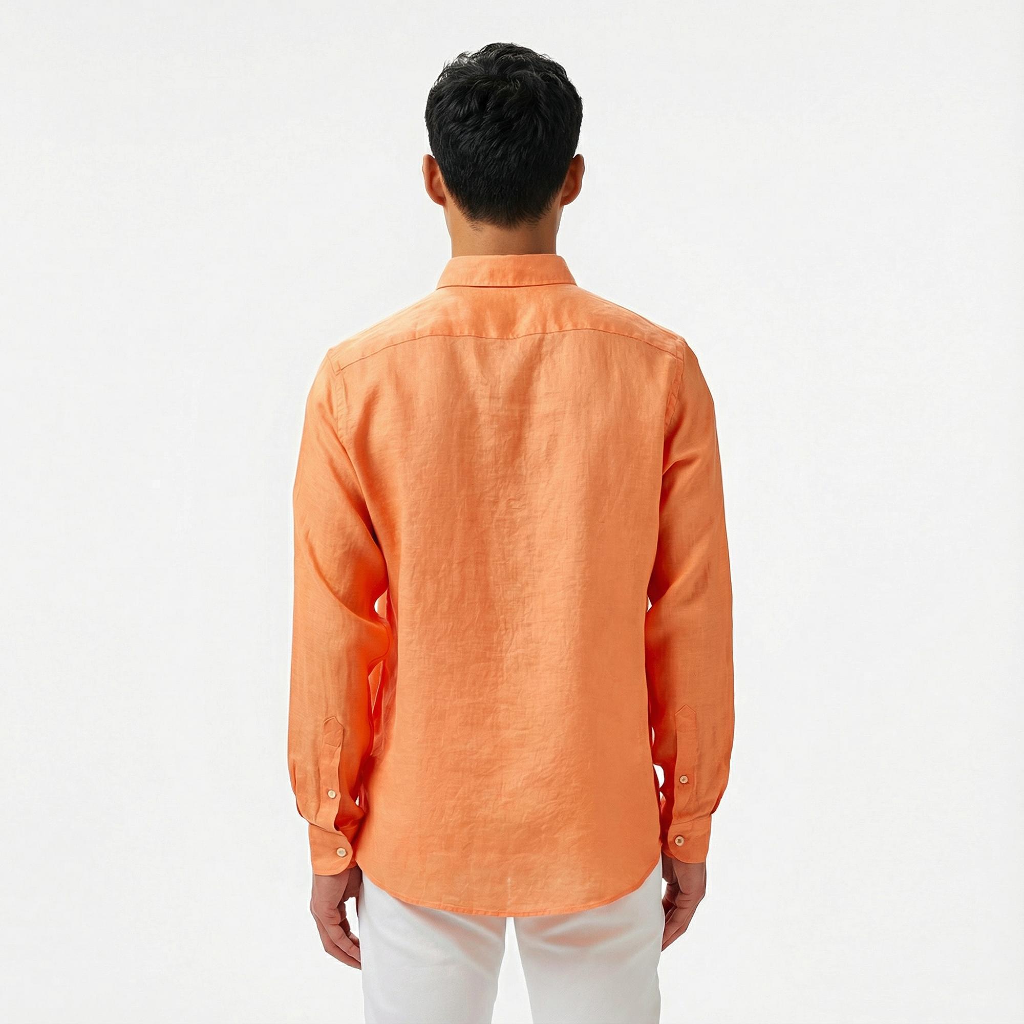 Nautica Erkek Turuncu Classic Fit Keten Gömlek