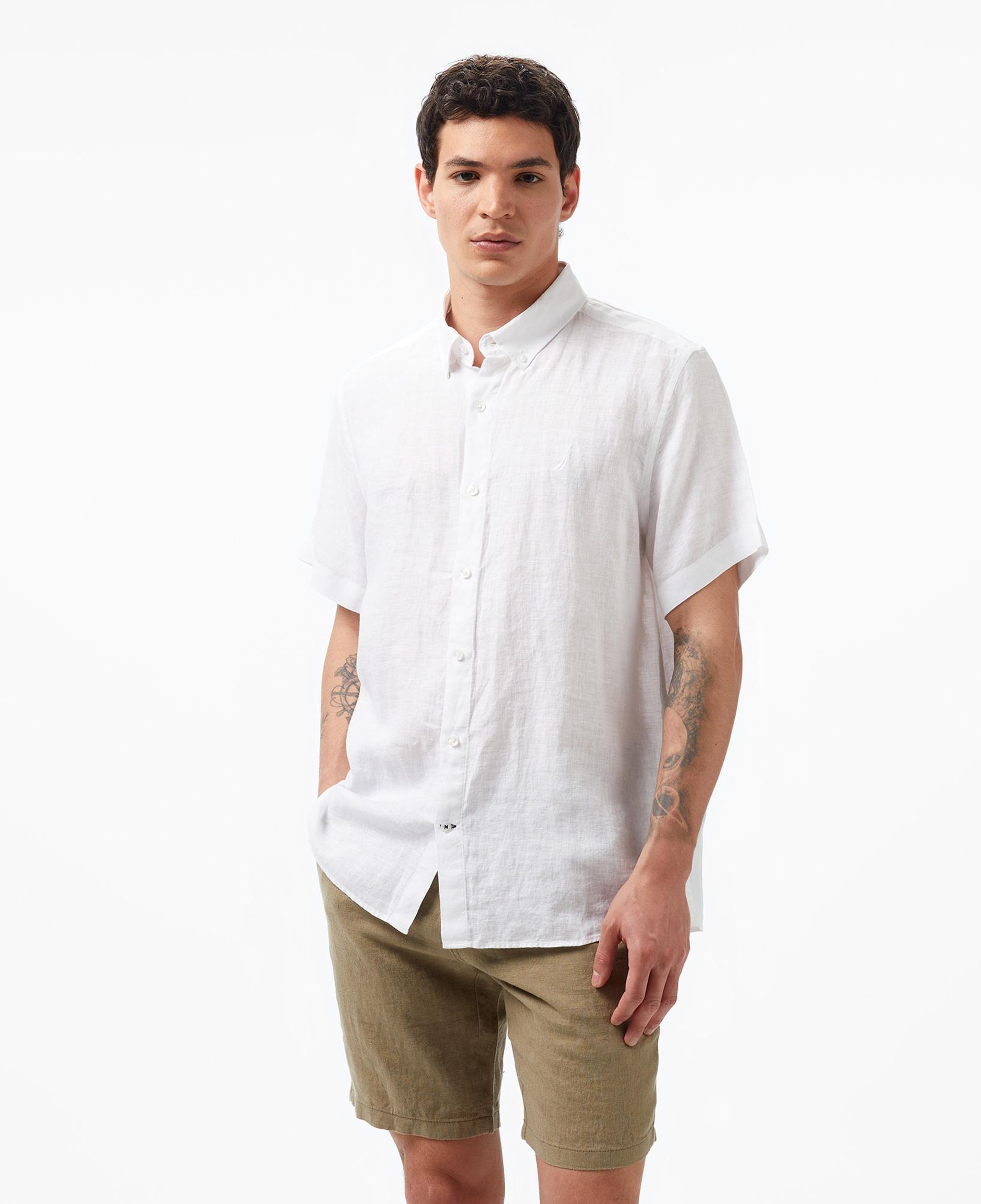 Nautica Erkek Beyaz Classic Fit Kısa Kollu Keten Gömlek