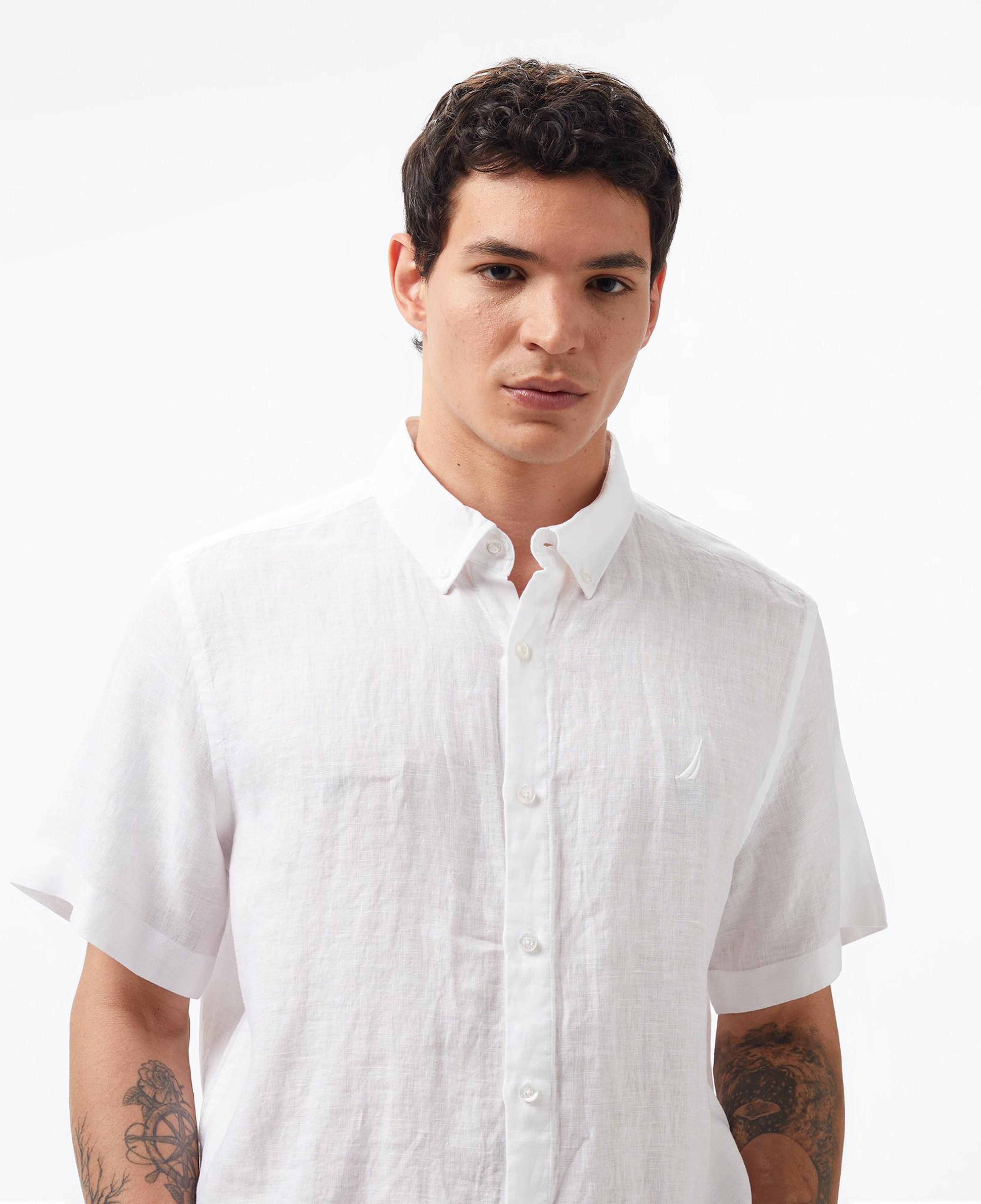 Nautica Erkek Beyaz Classic Fit Kısa Kollu Keten Gömlek