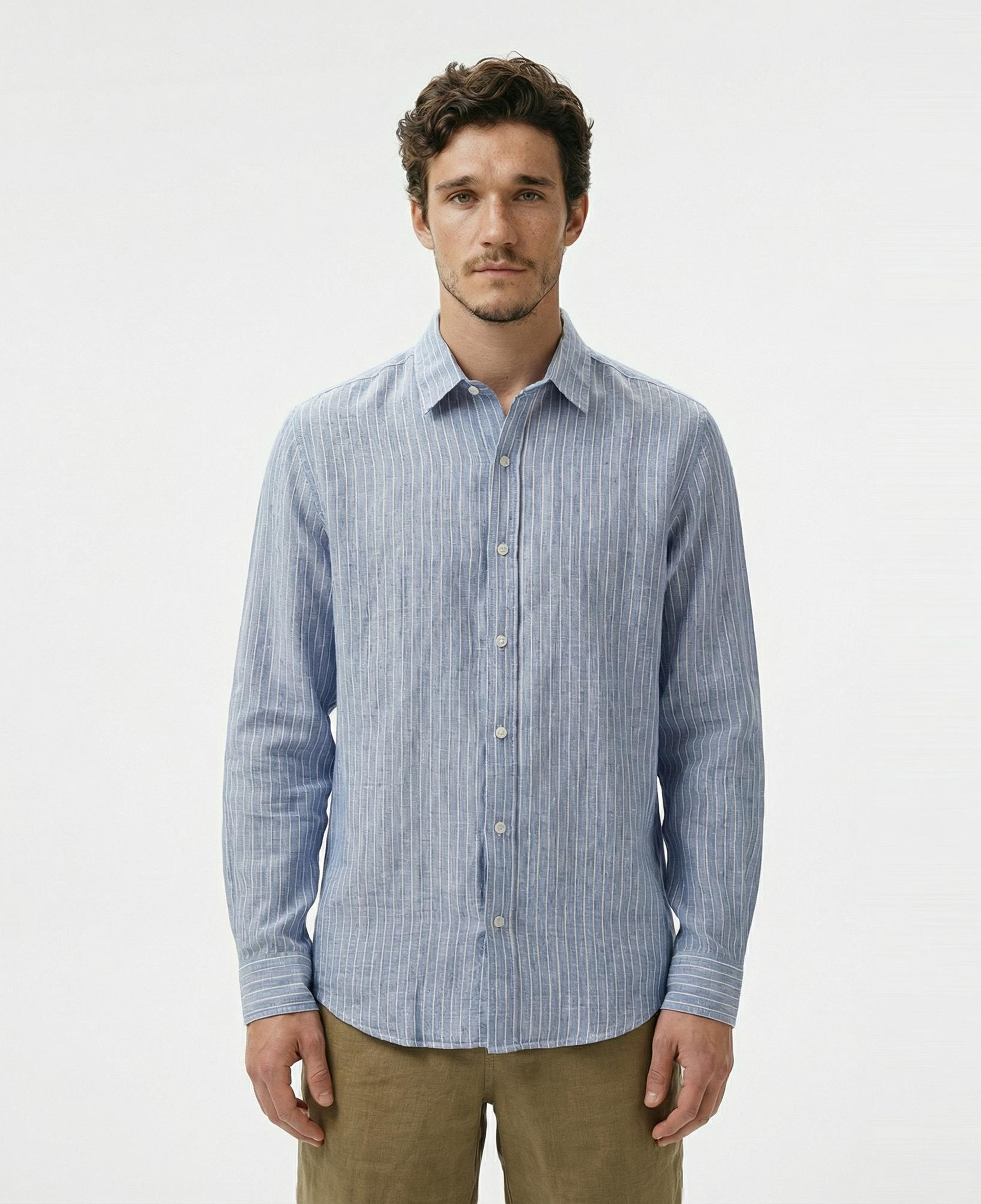 Nautica Erkek Mavi Classic Fit Çizgili Keten Gömlek