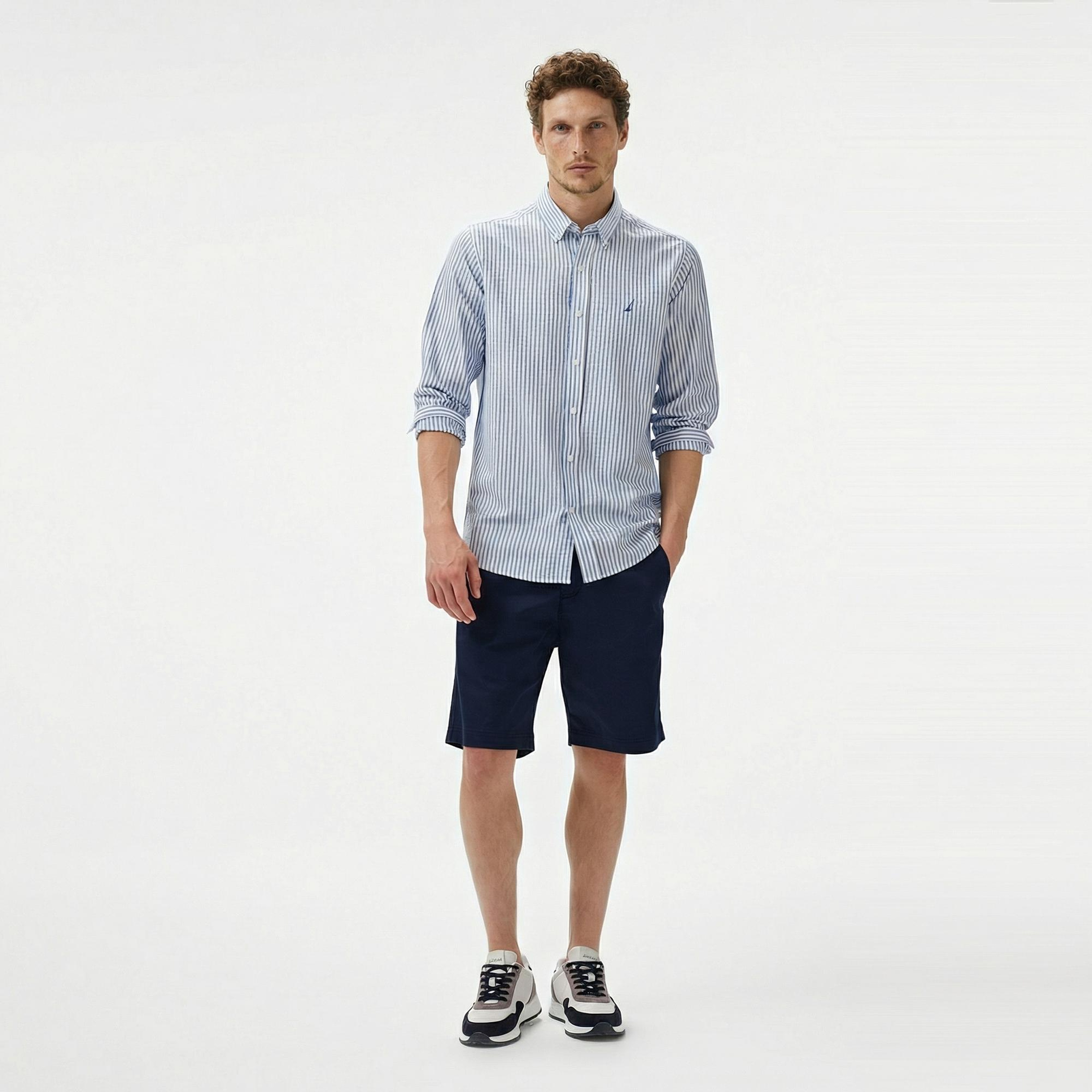 Nautica Erkek Mavi Classic Fit Çizgili Gömlek