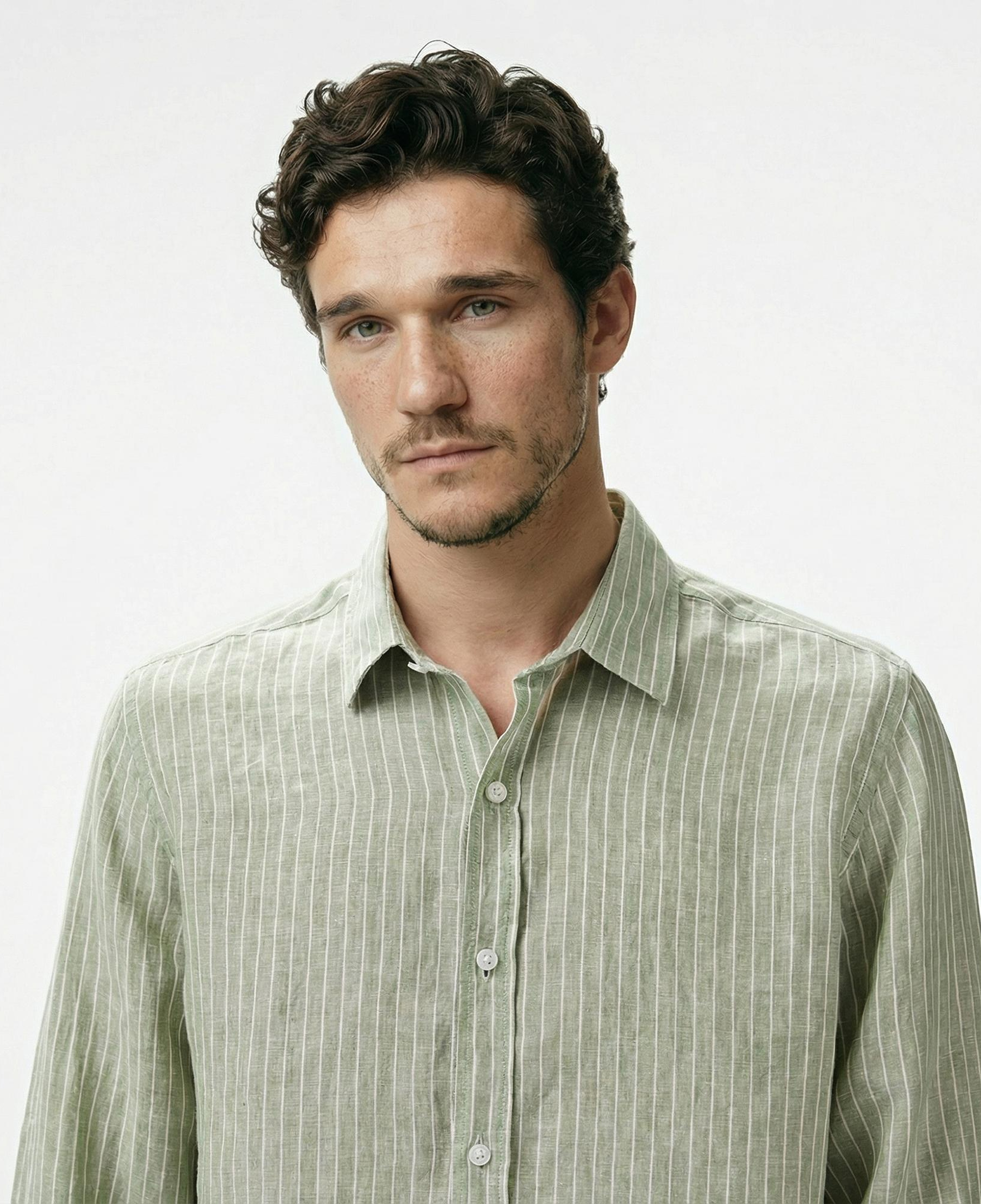 Nautica Erkek Yeşil Classic Fit Çizgili Keten Gömlek