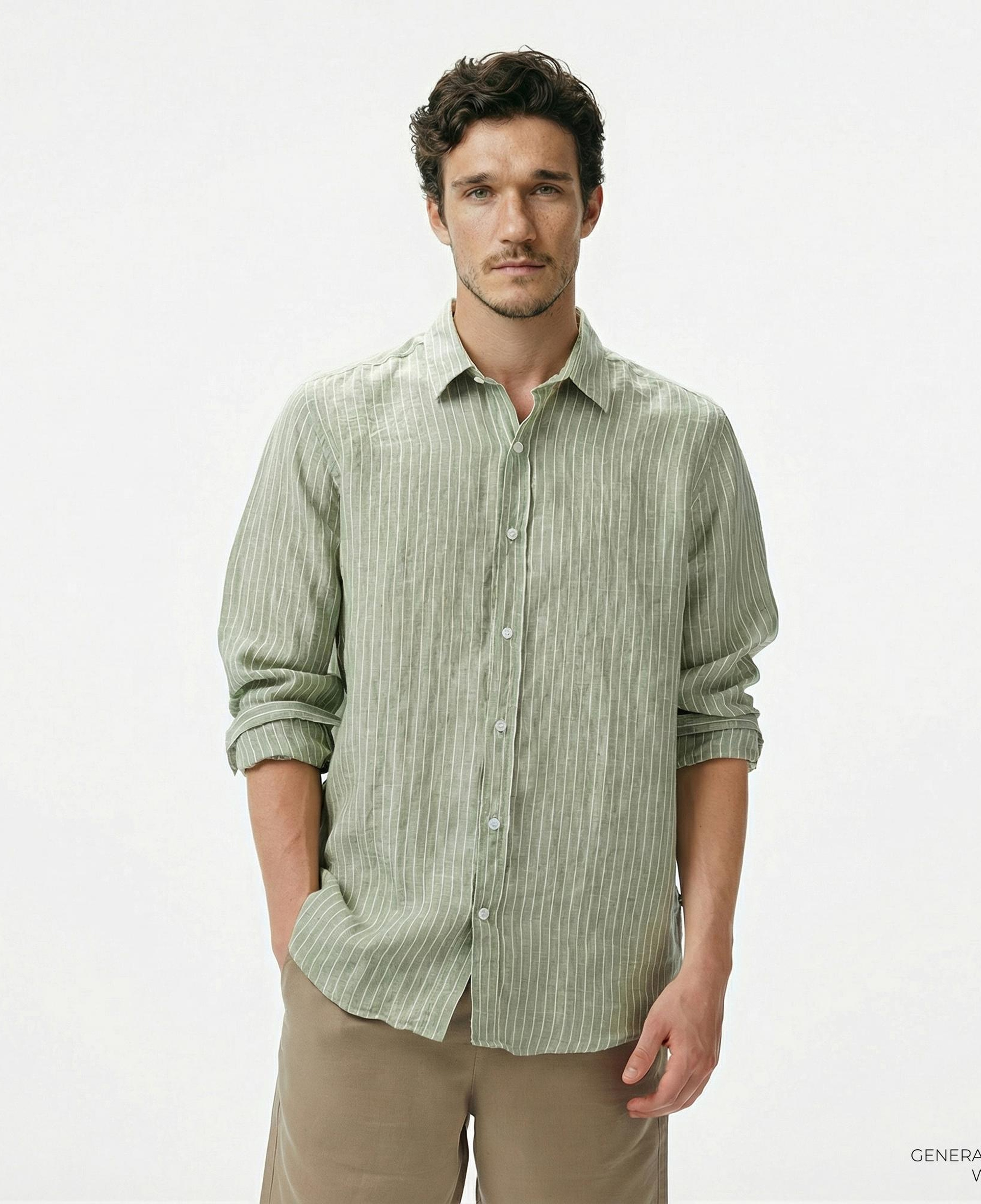 Nautica Erkek Yeşil Classic Fit Çizgili Keten Gömlek