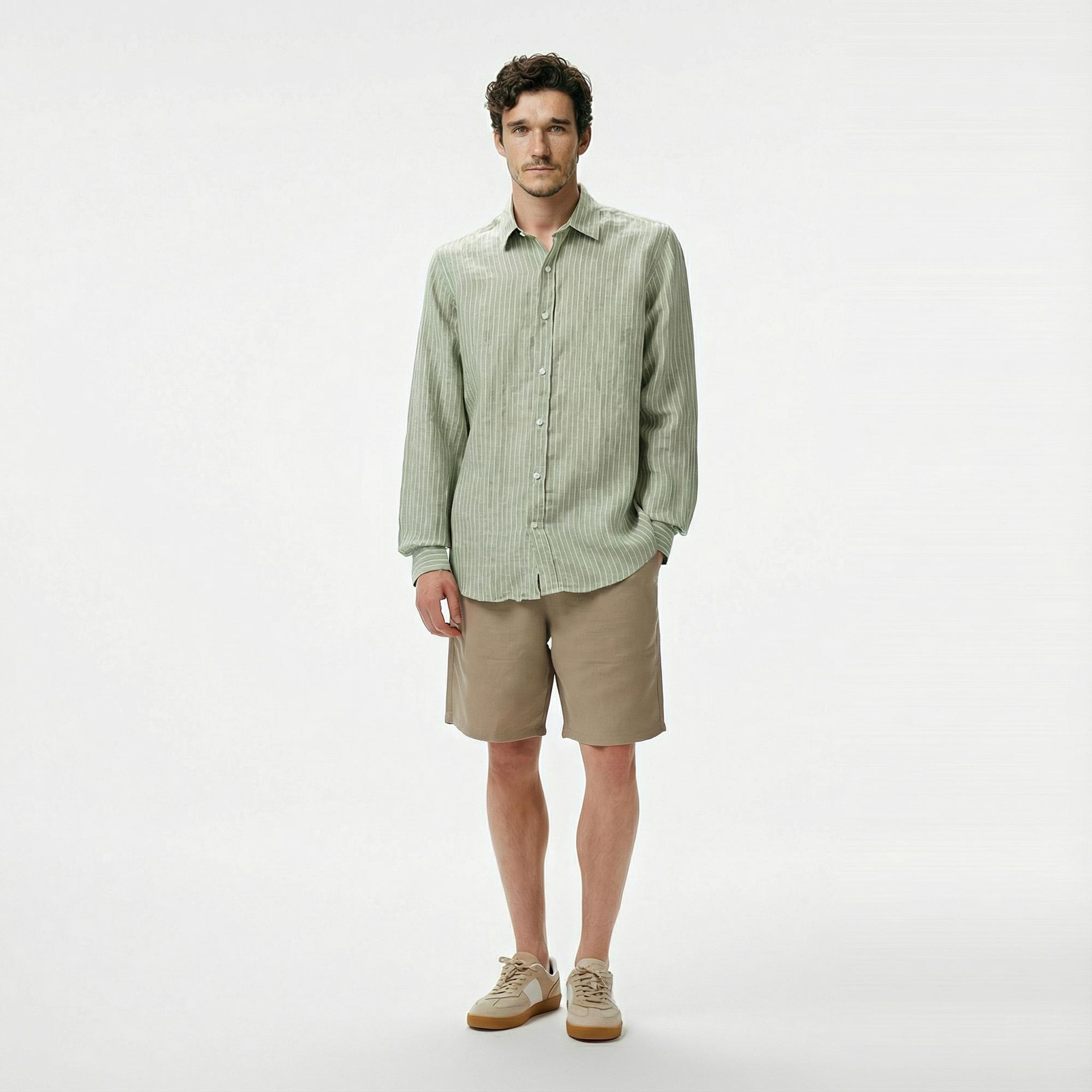 Nautica Erkek Yeşil Classic Fit Çizgili Keten Gömlek