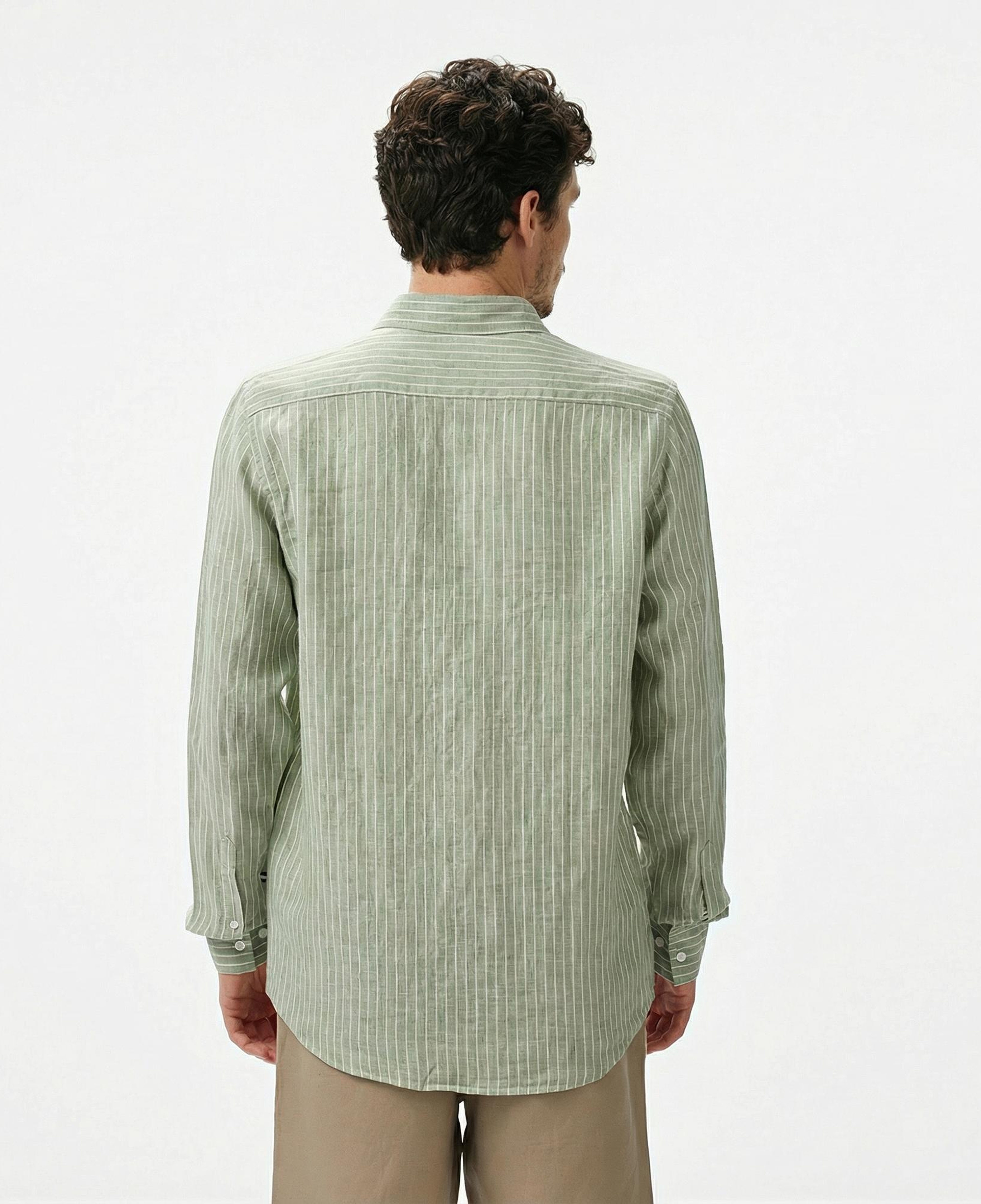 Nautica Erkek Yeşil Classic Fit Çizgili Keten Gömlek