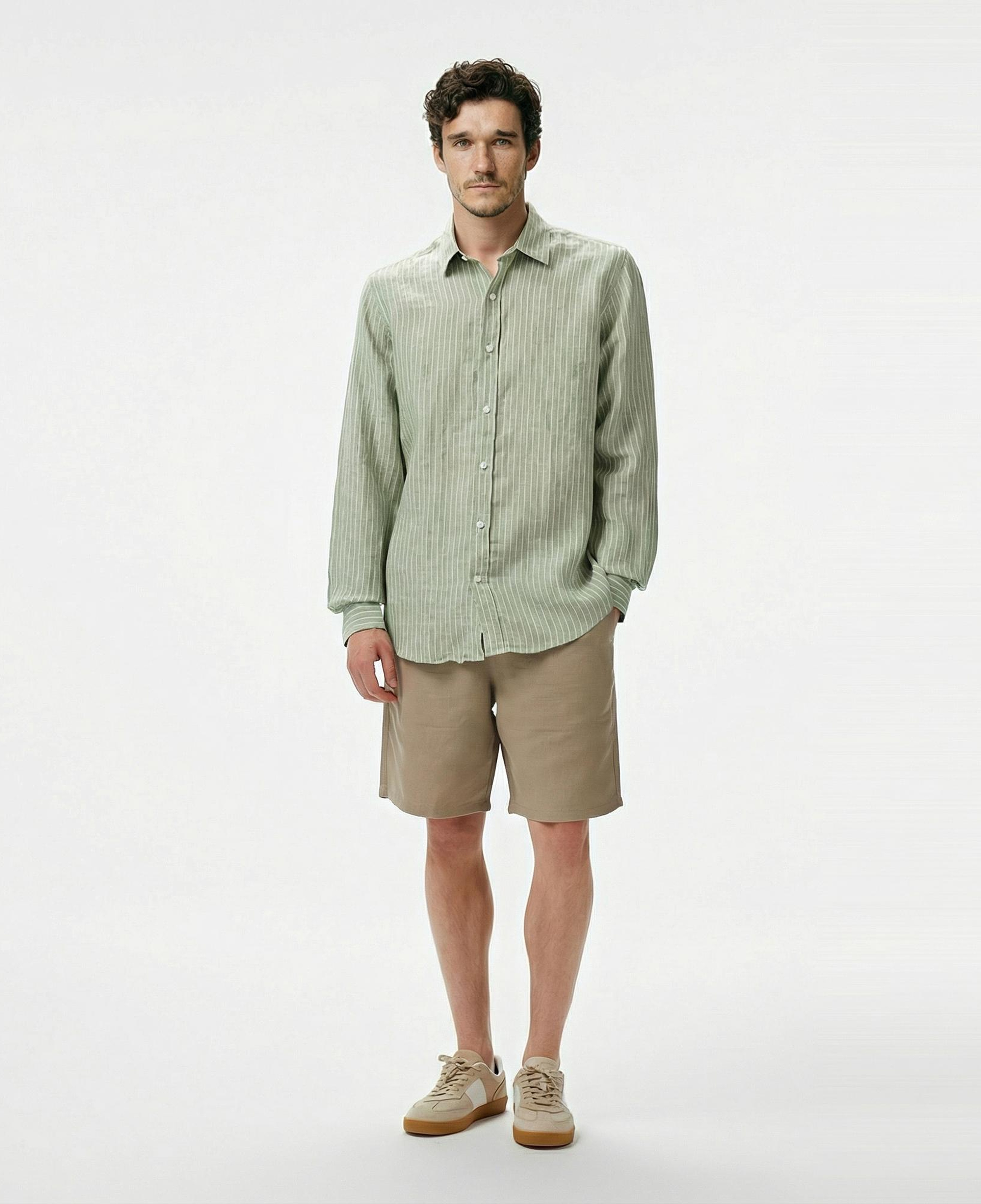 Nautica Erkek Yeşil Classic Fit Çizgili Keten Gömlek