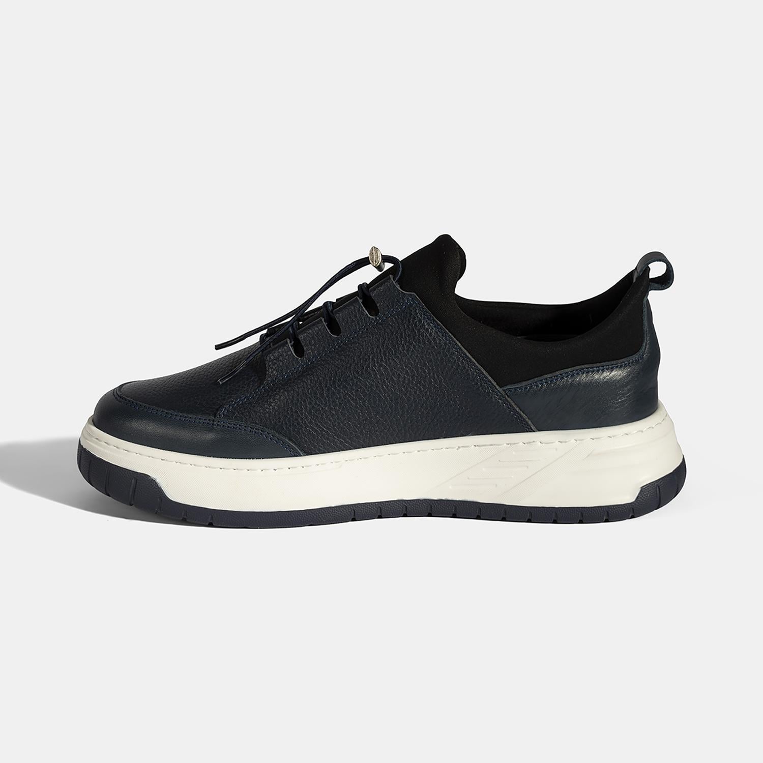 Erkek Lacivert Lastik Bağcıklı Deri Sneaker