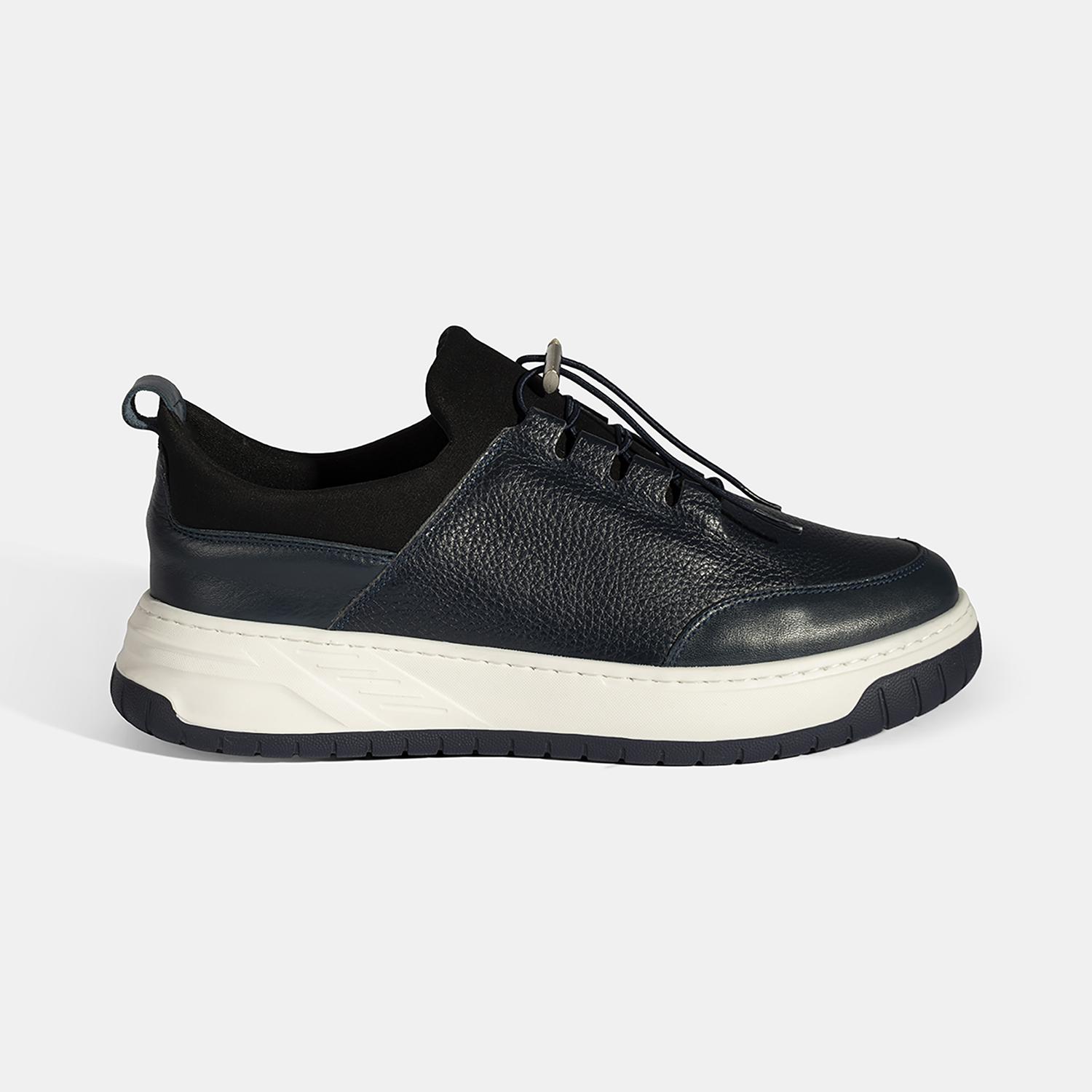 Erkek Lacivert Lastik Bağcıklı Deri Sneaker