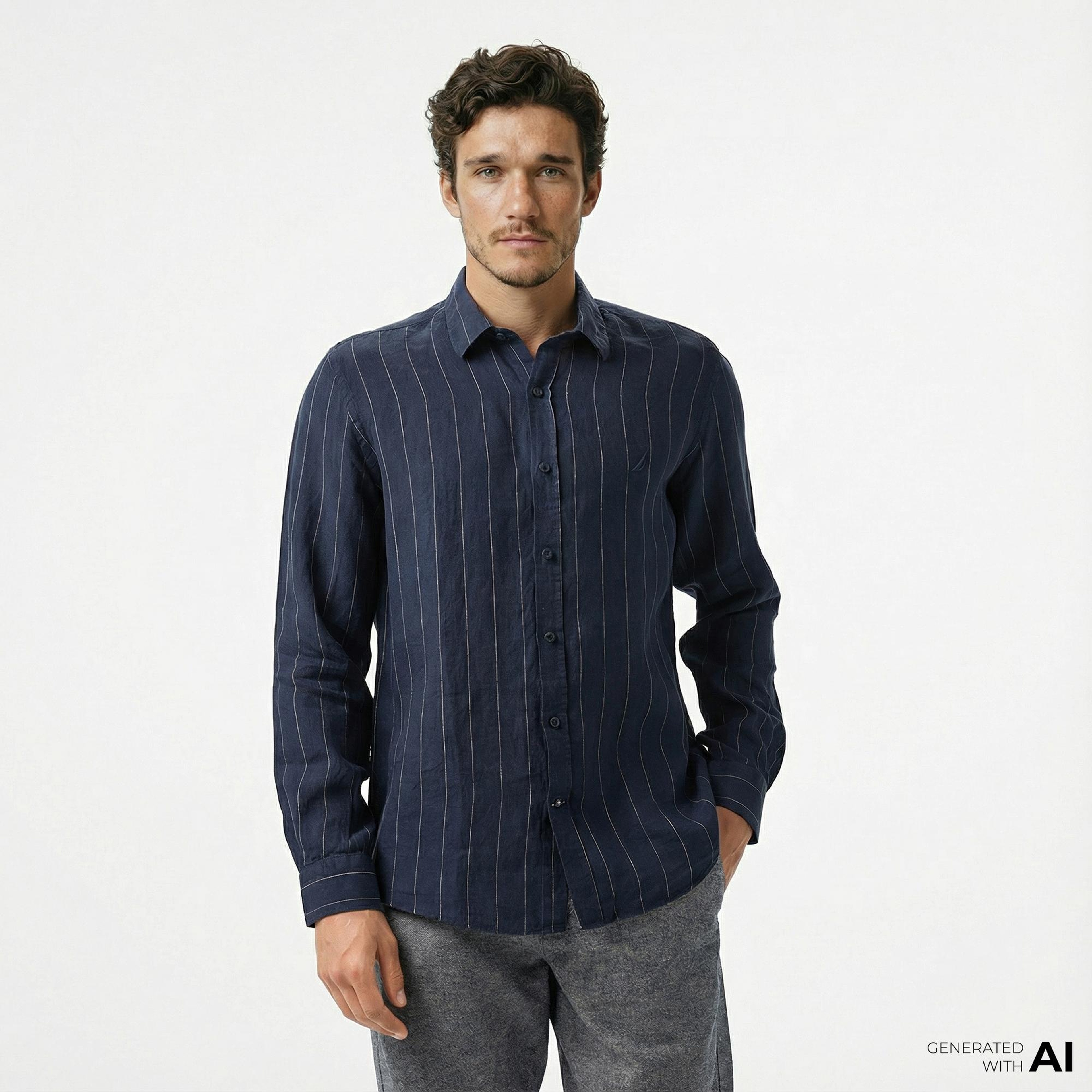 Nautica Erkek Lacivert Classic Fit Çizgili Gömlek