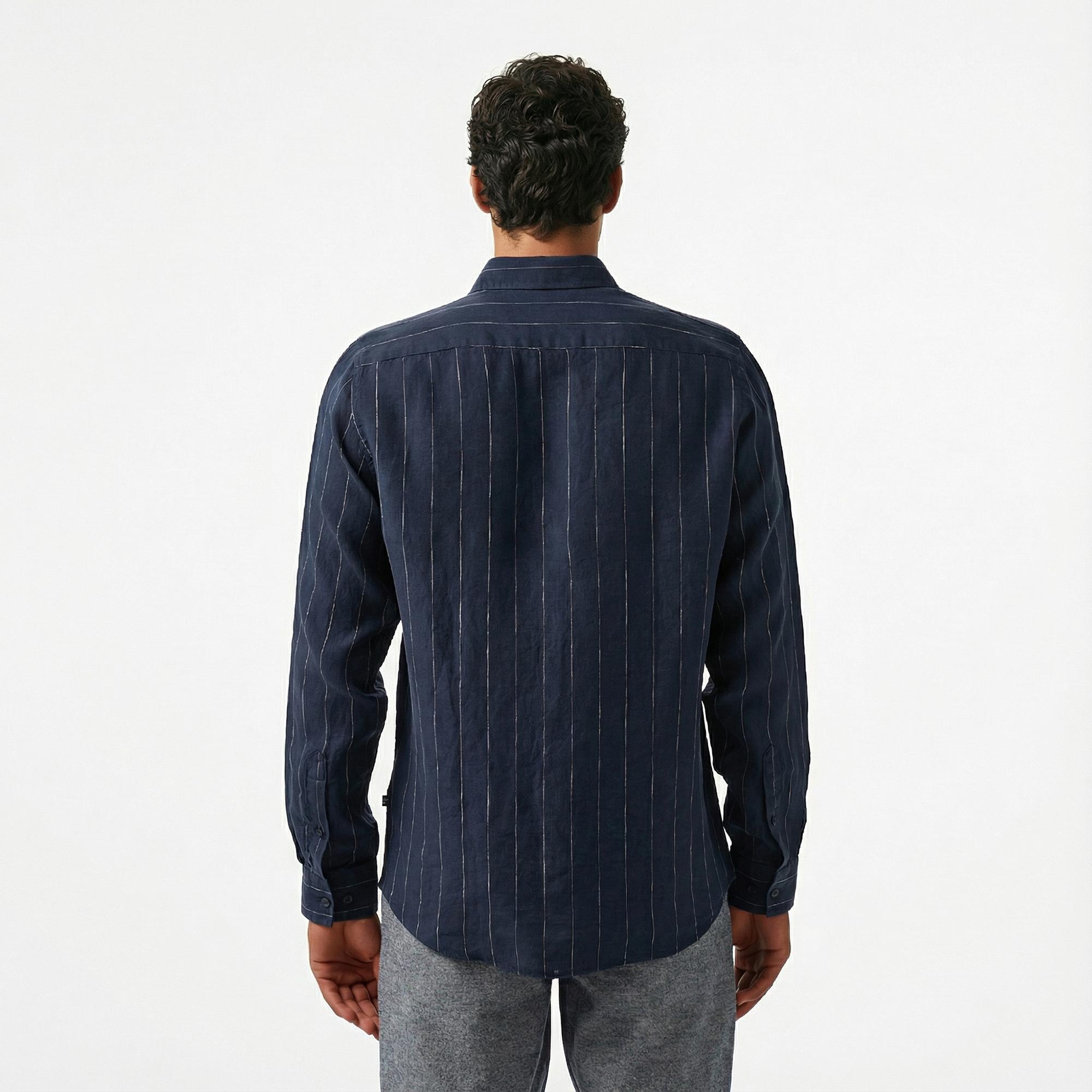 Nautica Erkek Lacivert Classic Fit Çizgili Gömlek