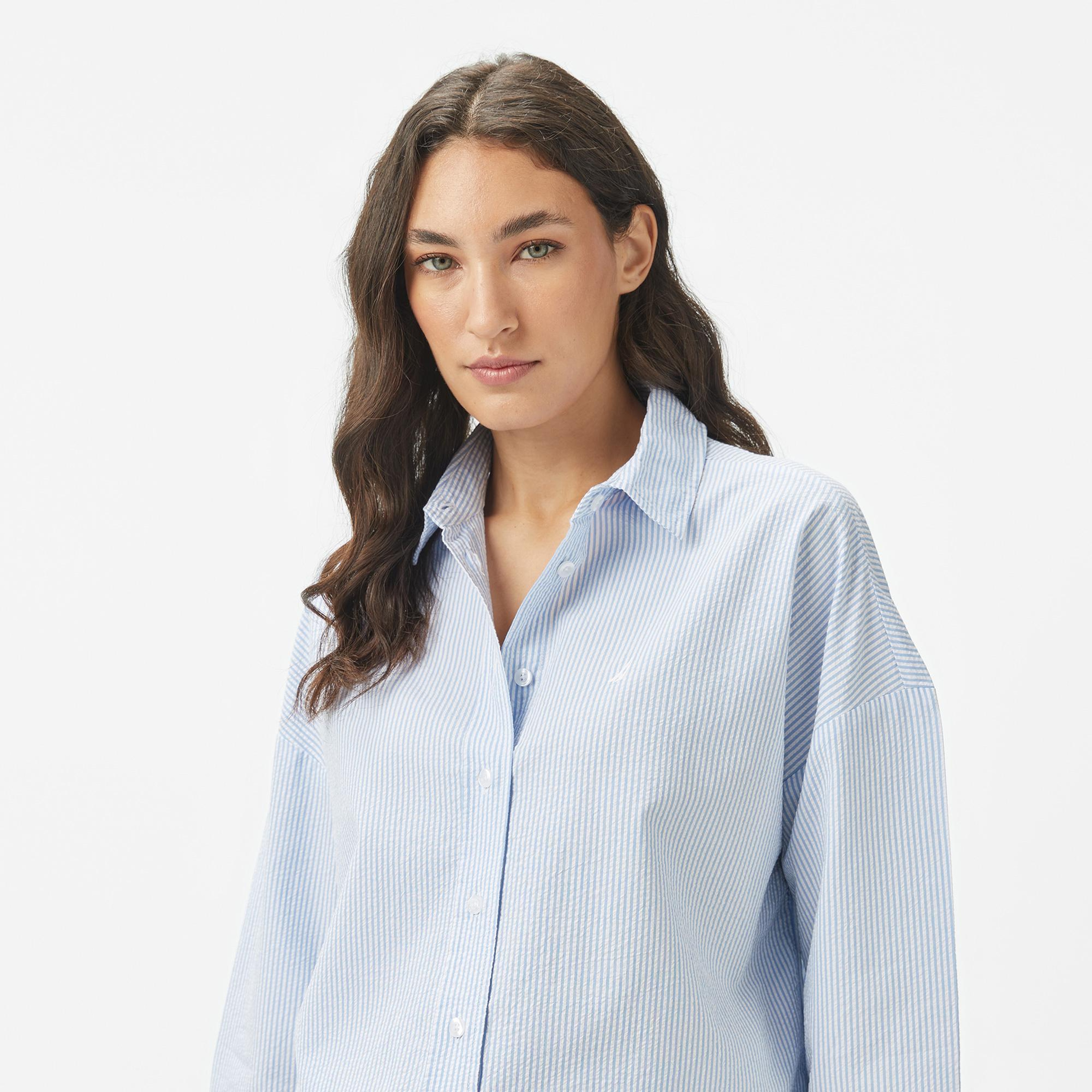 Nautica Kadın Mavi Regular Fit Çizgili Gömlek