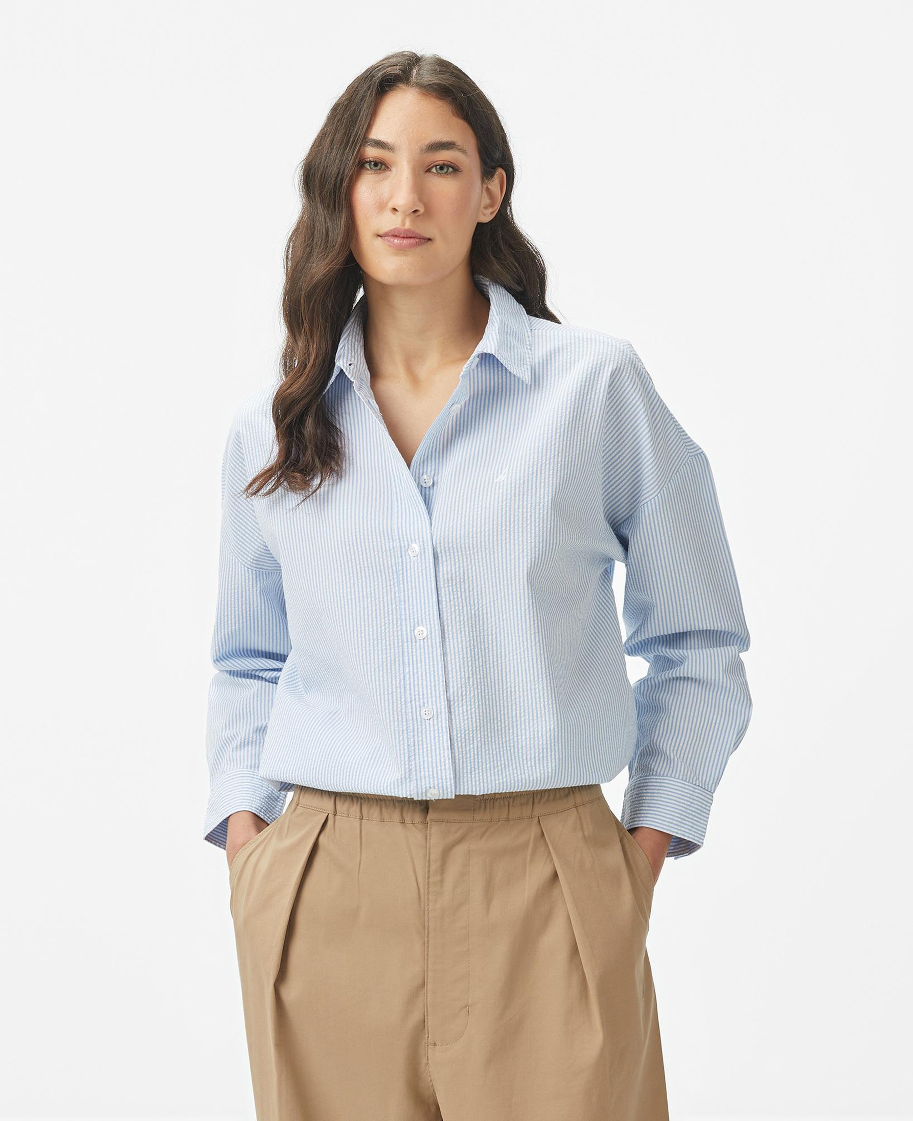 Nautica Kadın Mavi Regular Fit Çizgili Gömlek