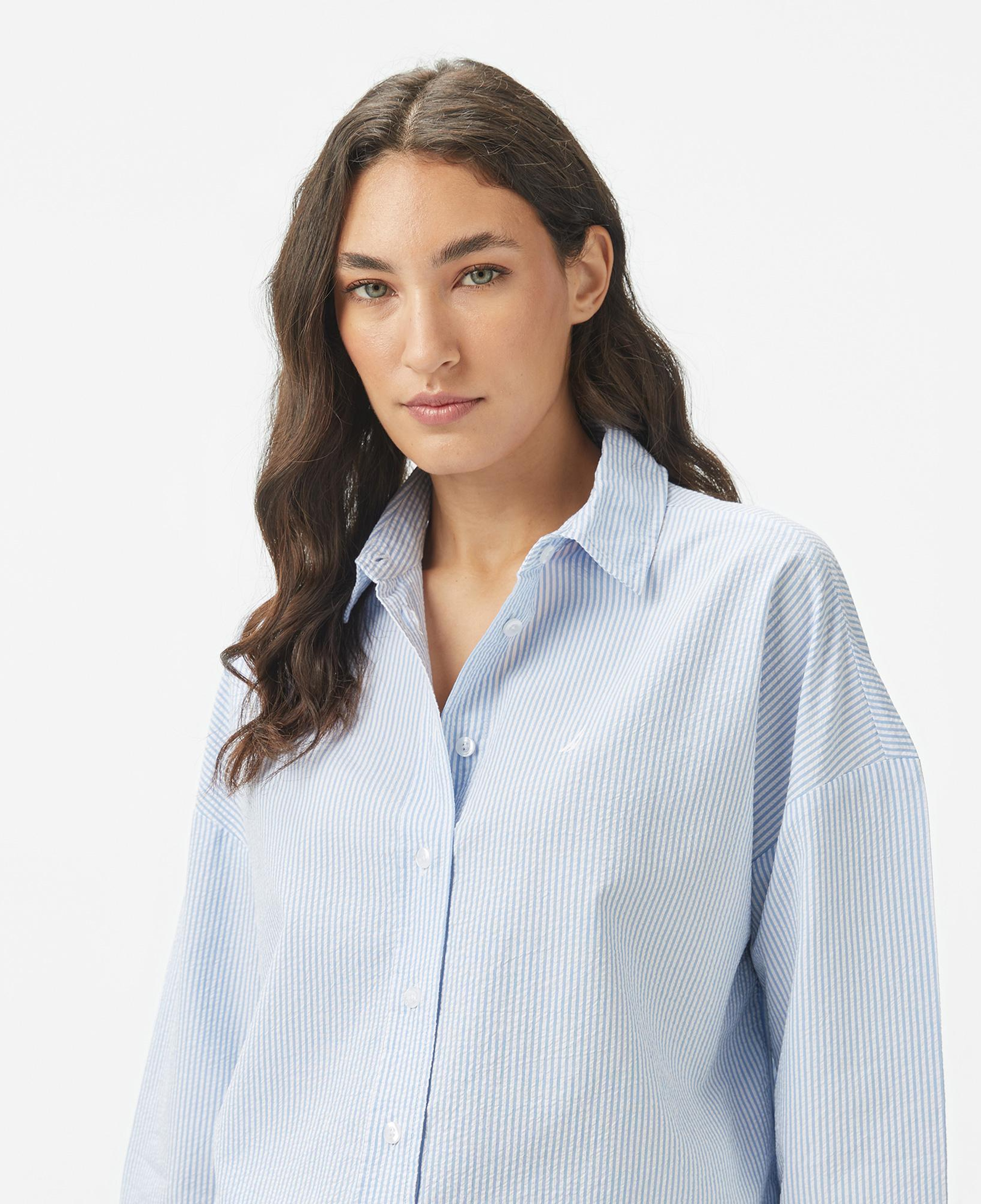 Nautica Kadın Mavi Regular Fit Çizgili Gömlek