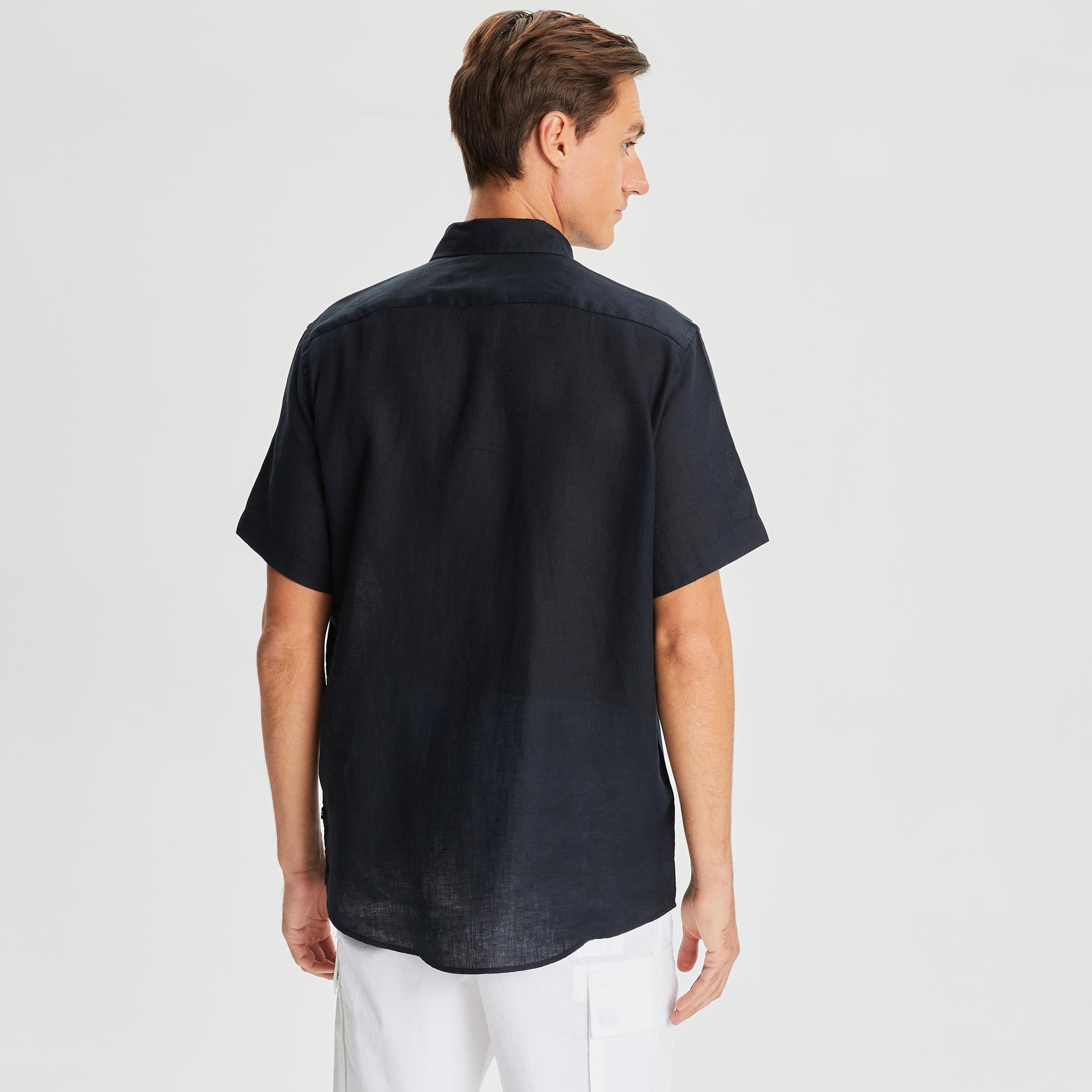 Nautica Erkek Siyah Classic Fit Kısa Kollu Keten Gömlek