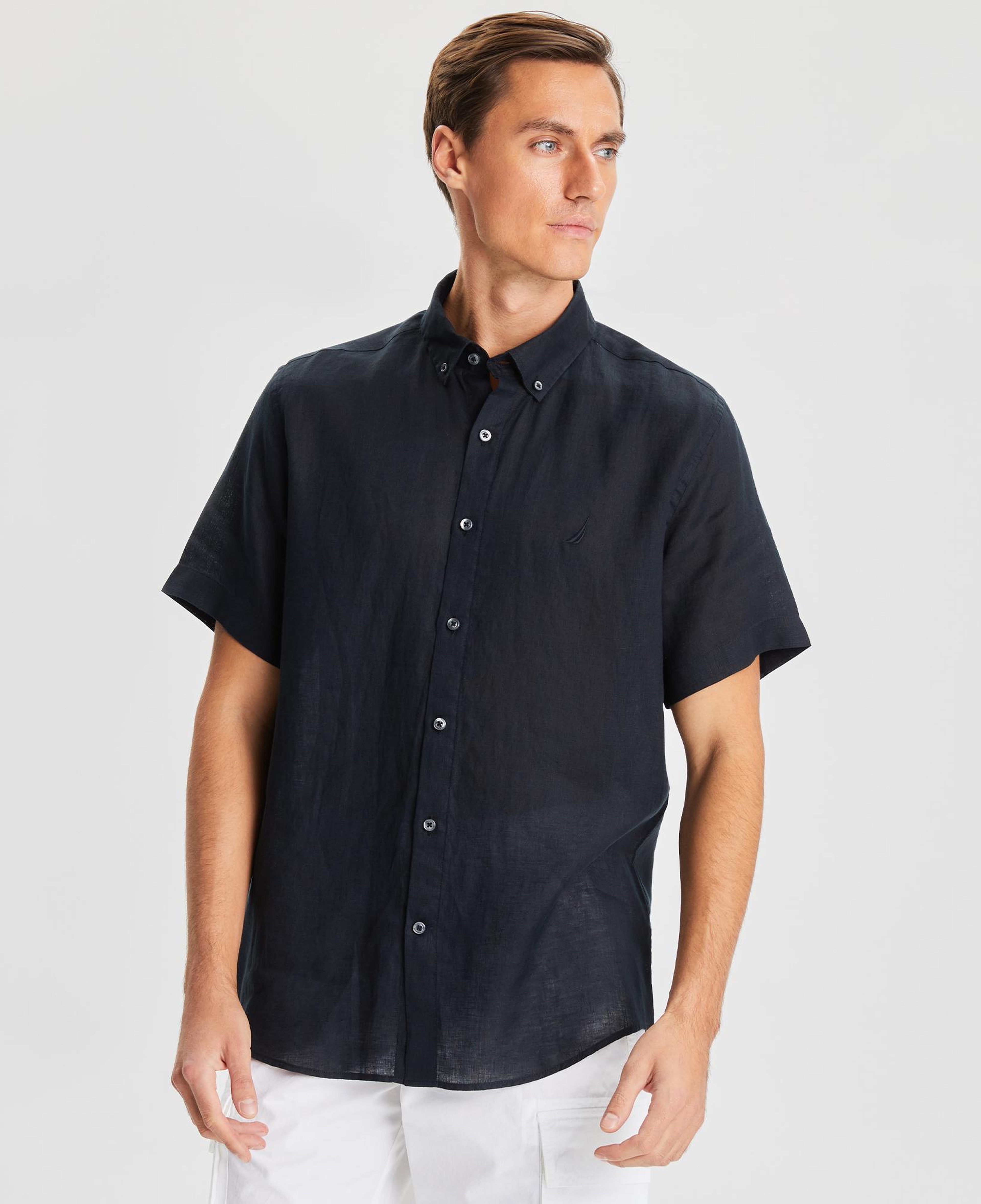 Nautica Erkek Siyah Classic Fit Kısa Kollu Keten Gömlek