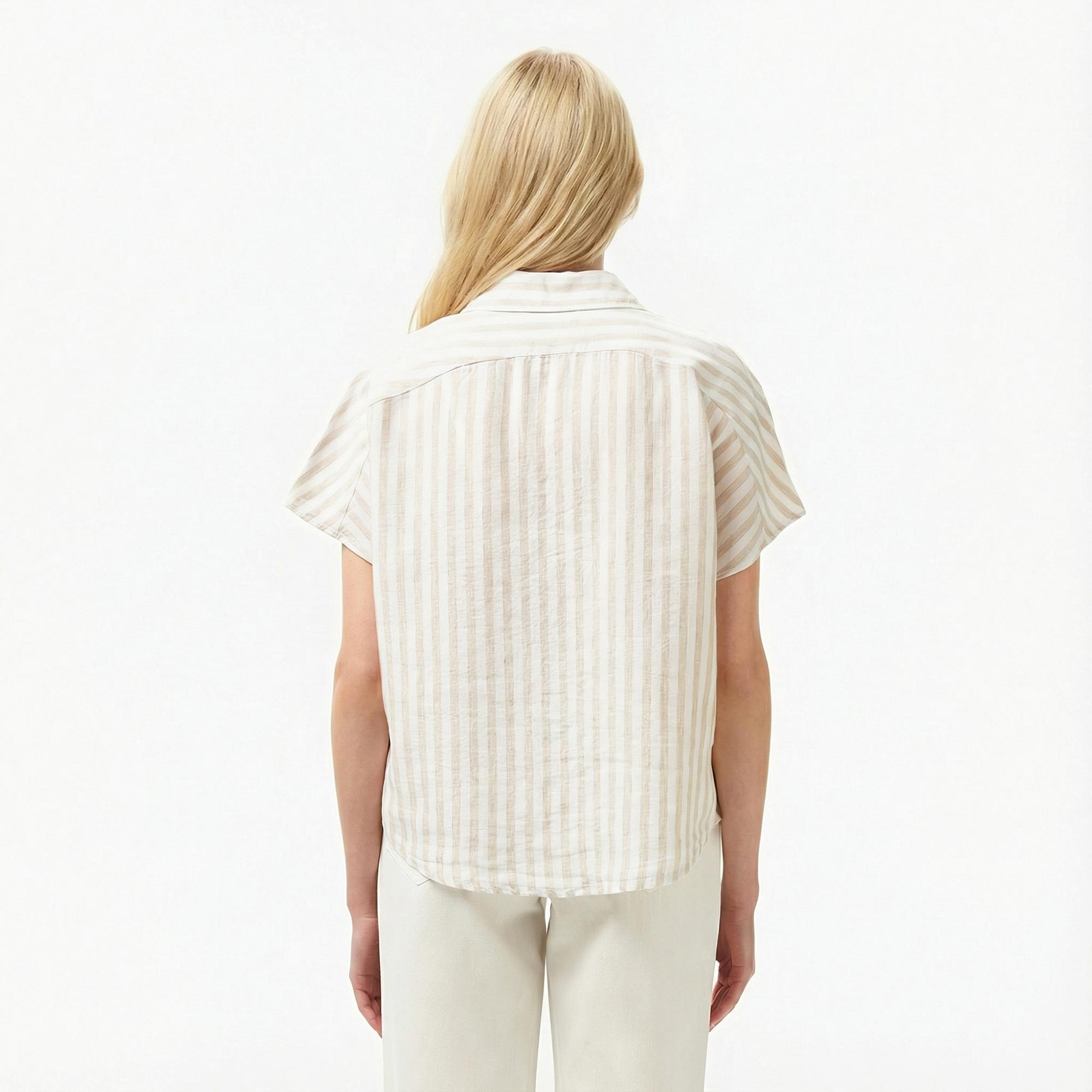 Lacoste Kadın Regular Fit Kısa Kollu Çizgili Keten Bej Gömlek