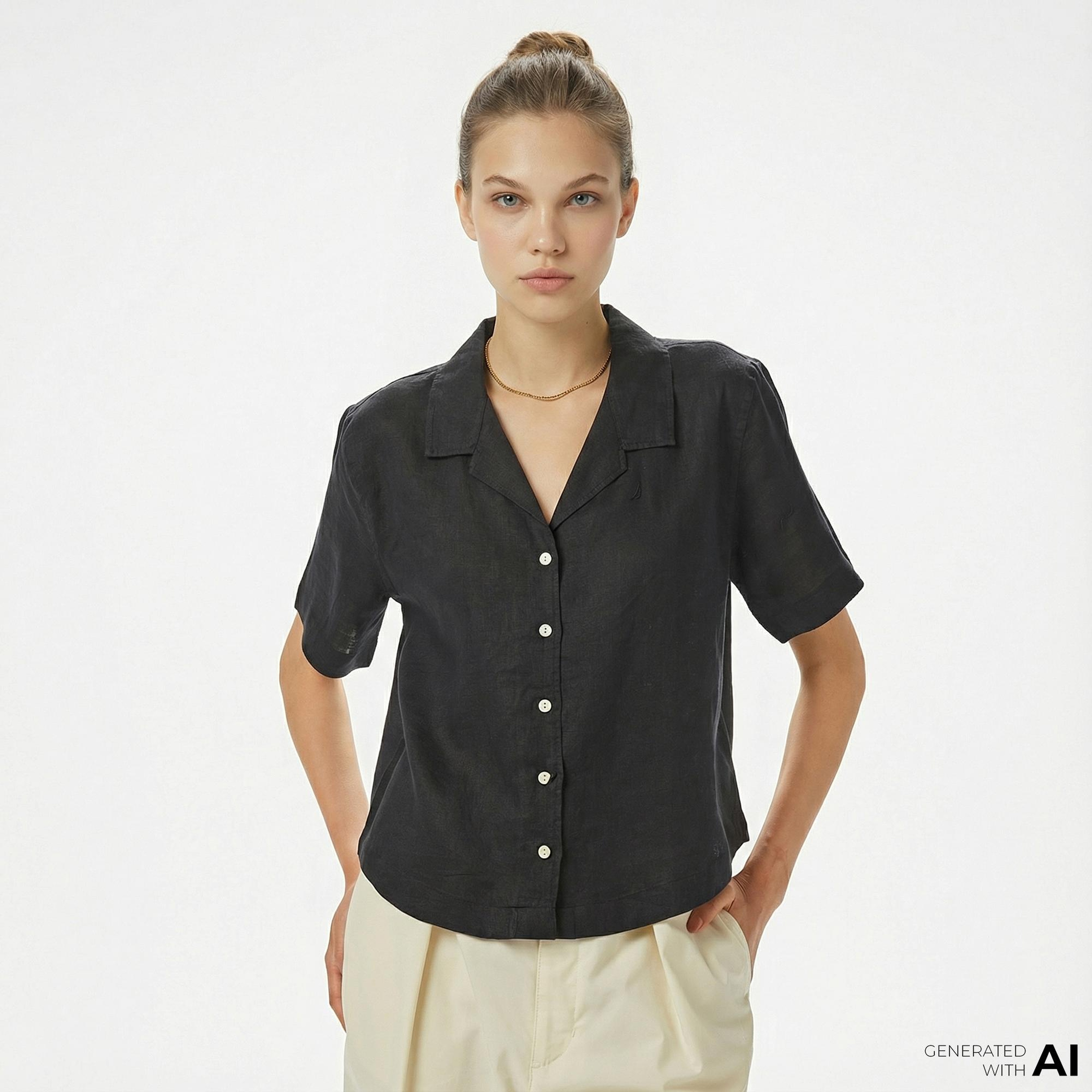 Nautica Kadın Siyah Regular Fit Keten Gömlek