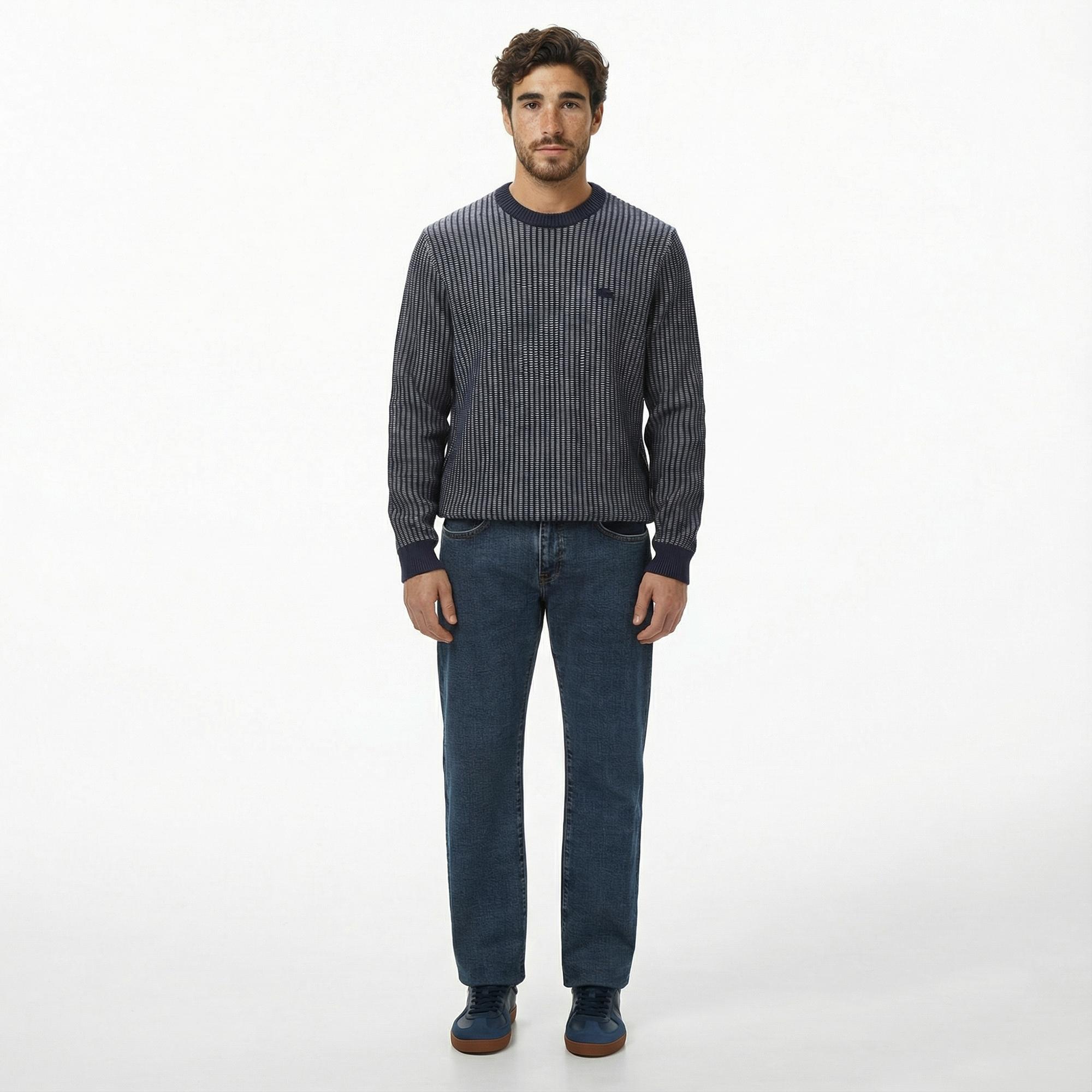 Lacoste Erkek Classic Fit Bisiklet Yaka Desenli Lacivert Kazak