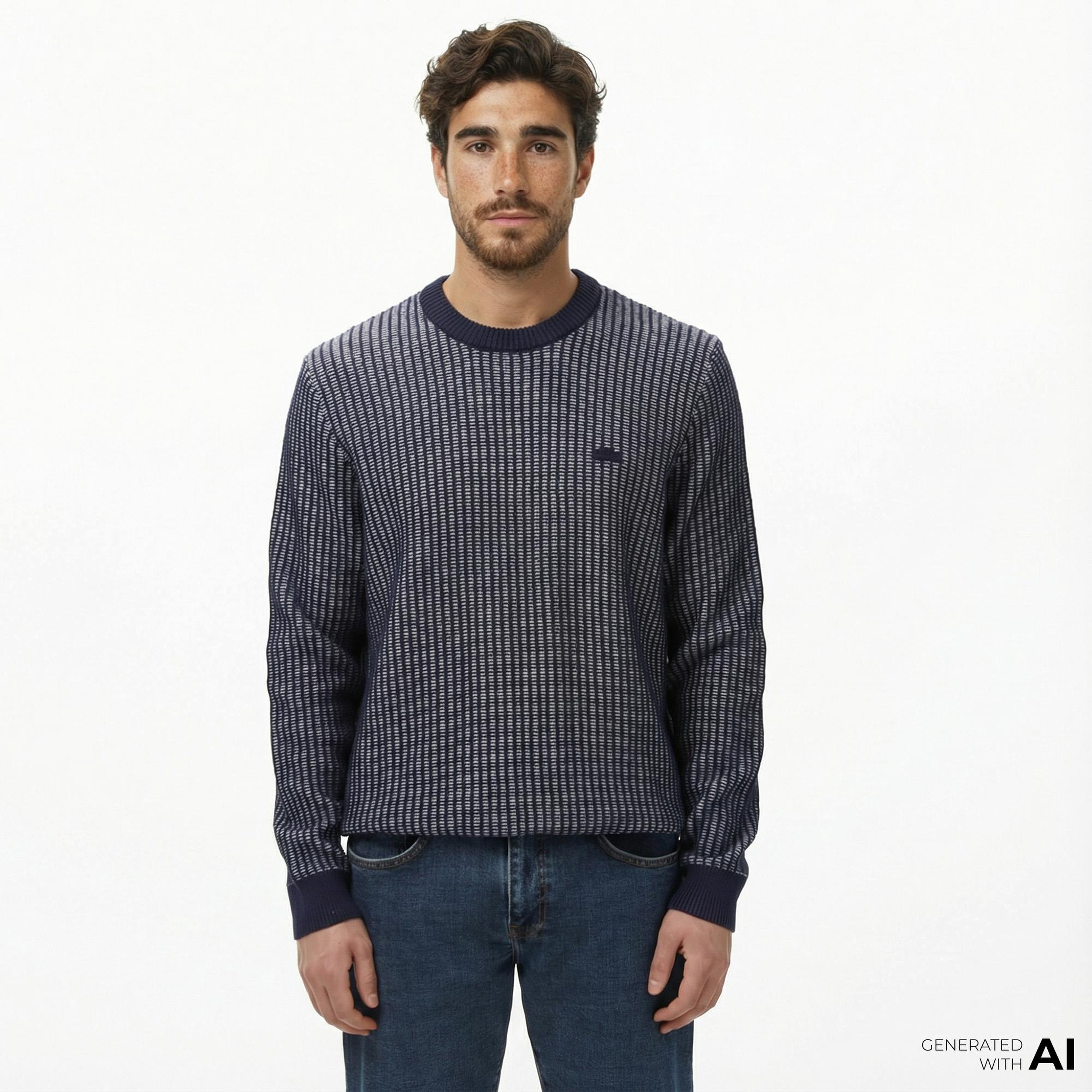 Lacoste Erkek Classic Fit Bisiklet Yaka Desenli Lacivert Kazak