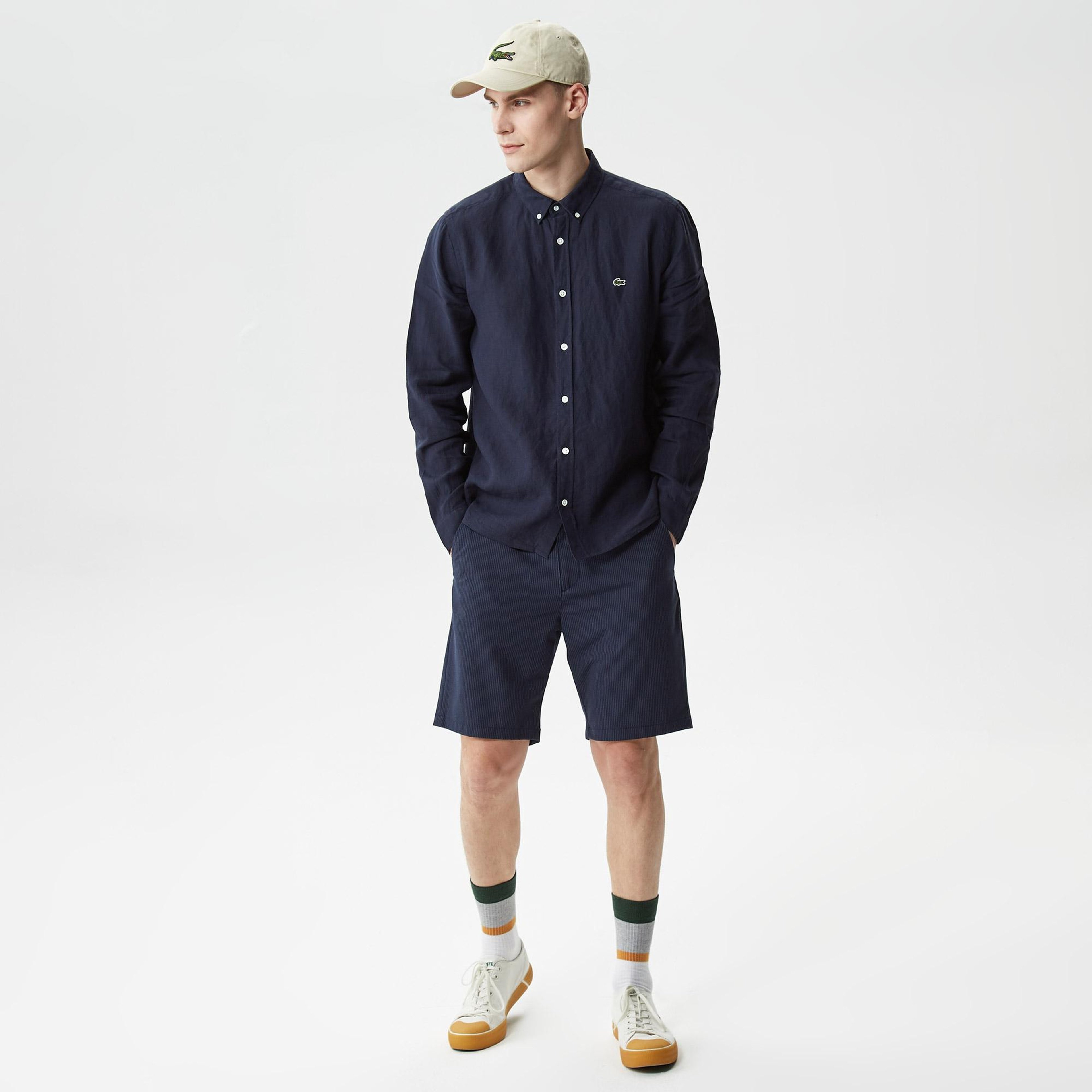Lacoste Erkek Regular Fit Düğmeli Yaka Keten Lacivert Gömlek