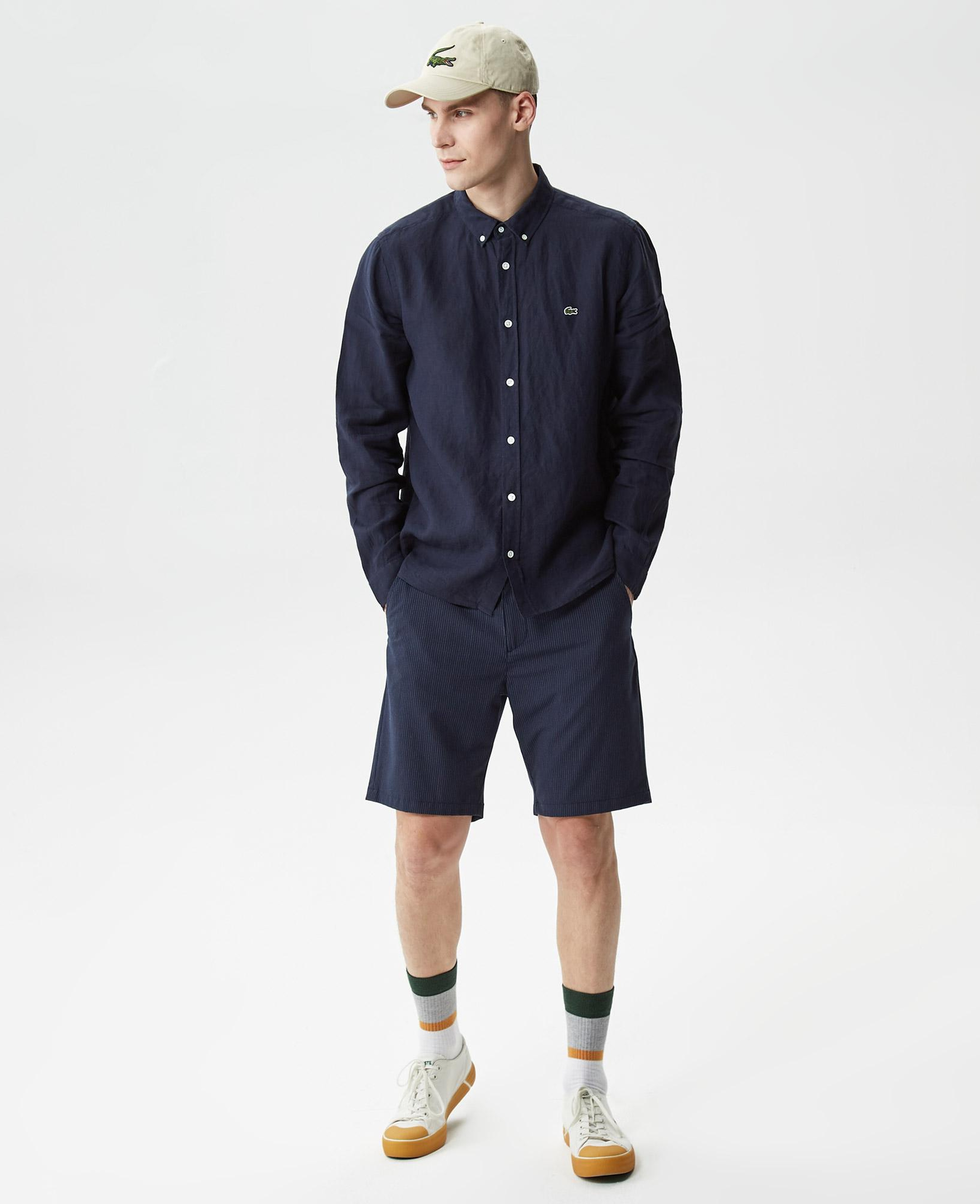 Lacoste Erkek Regular Fit Düğmeli Yaka Keten Lacivert Gömlek