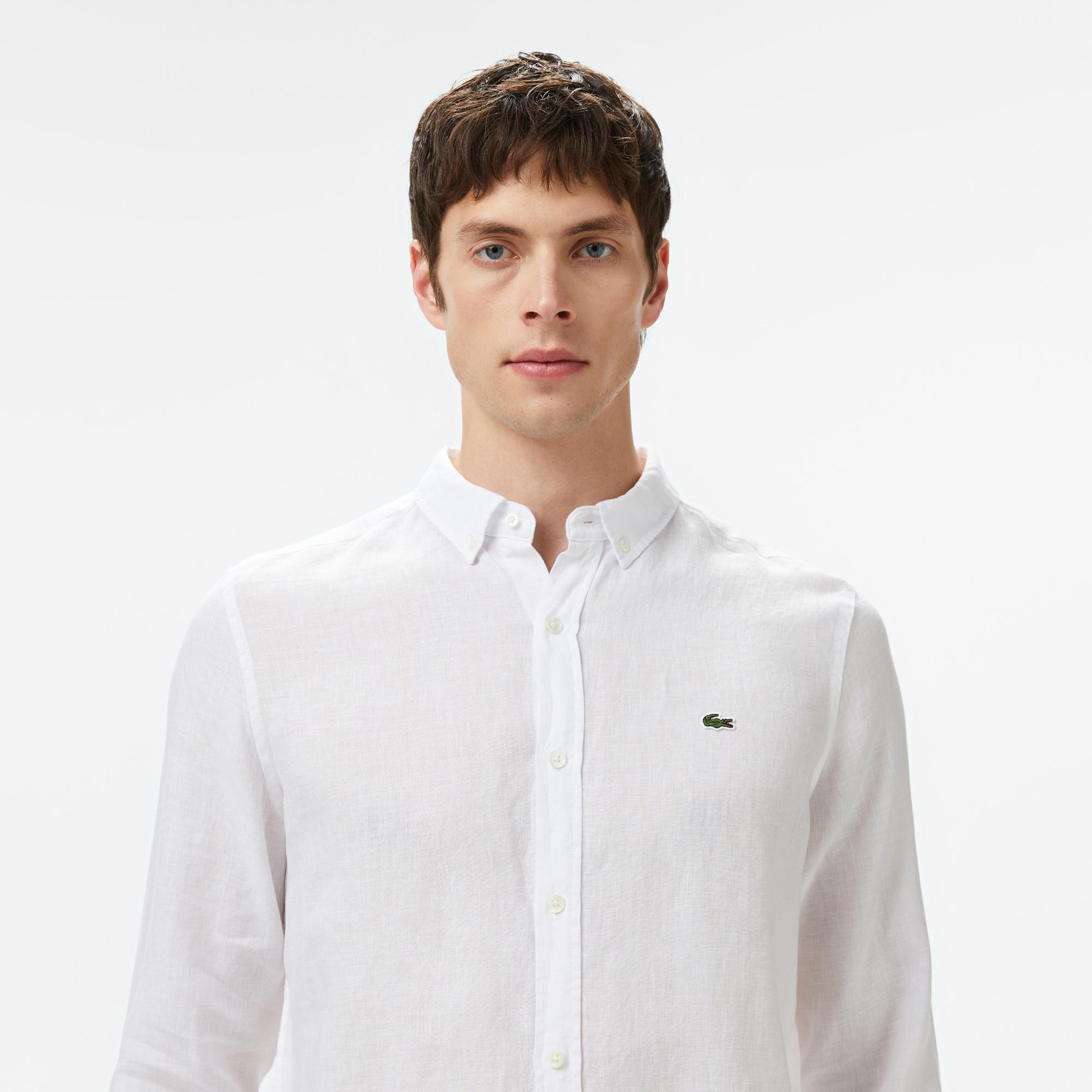 Lacoste Erkek Regular Fit Düğmeli Yaka Keten Beyaz Gömlek