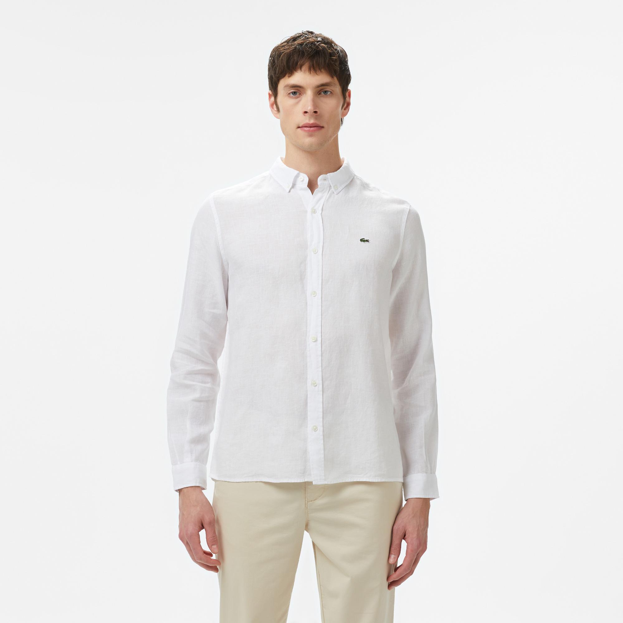 Lacoste Erkek Regular Fit Düğmeli Yaka Keten Beyaz Gömlek