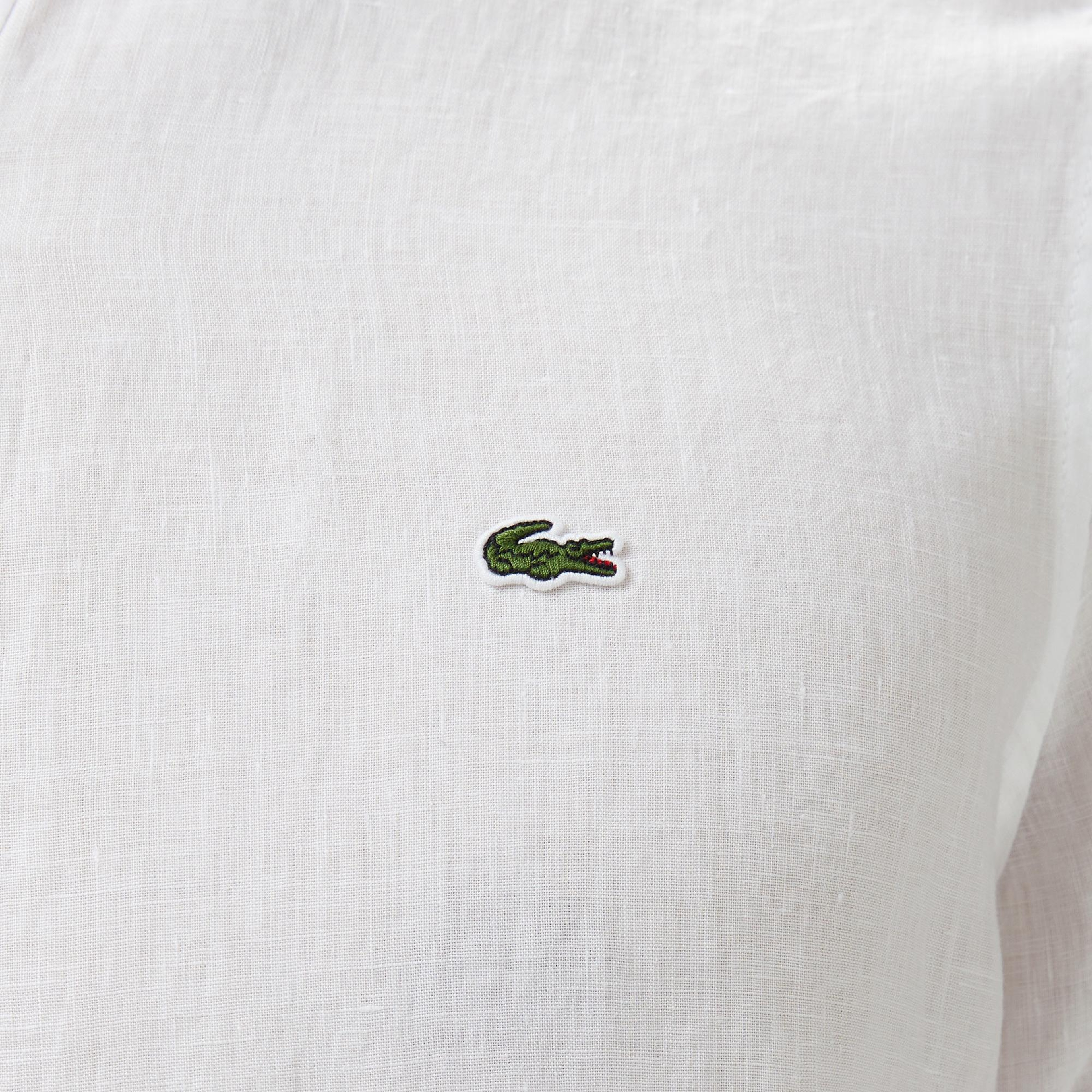 Lacoste Erkek Regular Fit Düğmeli Yaka Keten Beyaz Gömlek