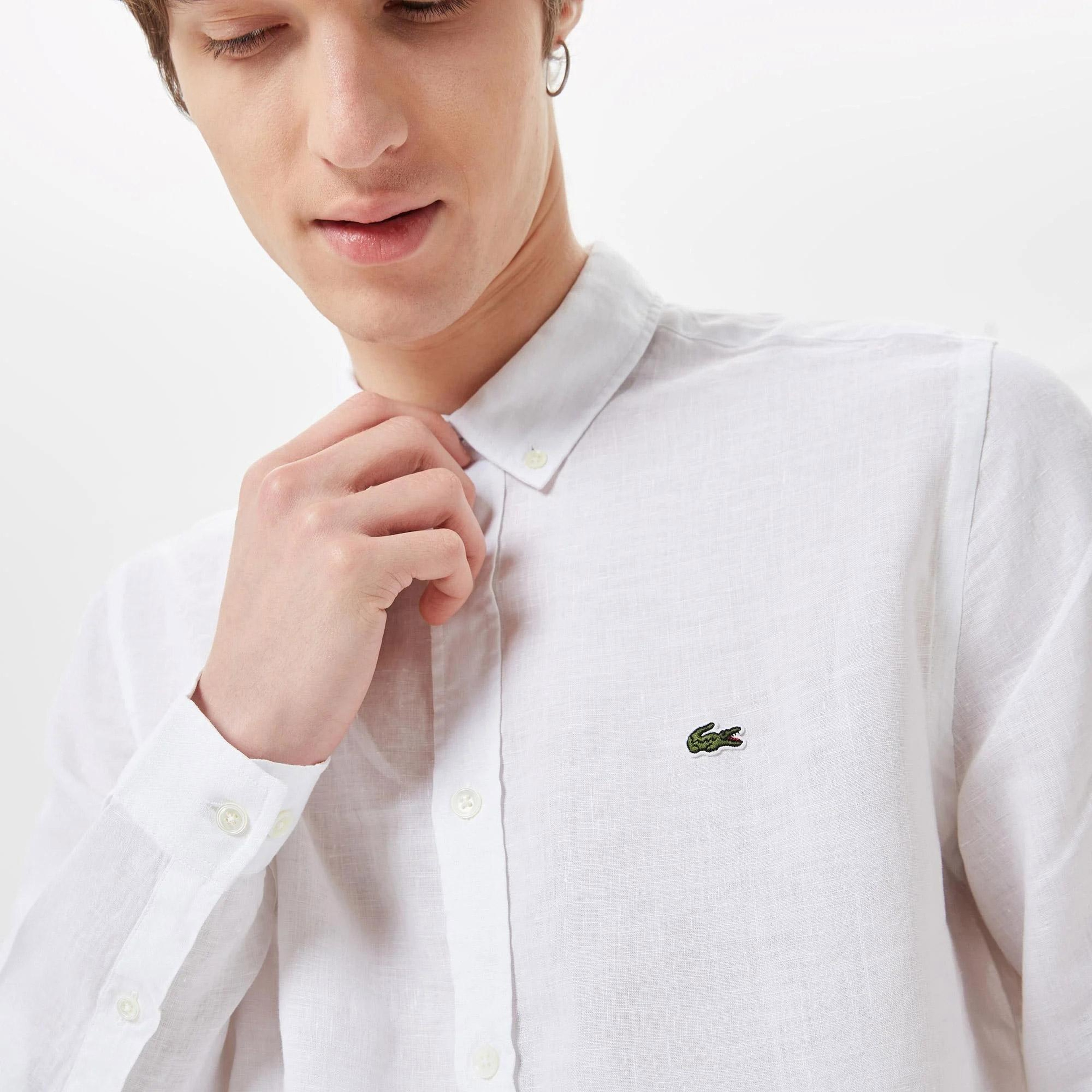 Lacoste Erkek Regular Fit Düğmeli Yaka Keten Beyaz Gömlek