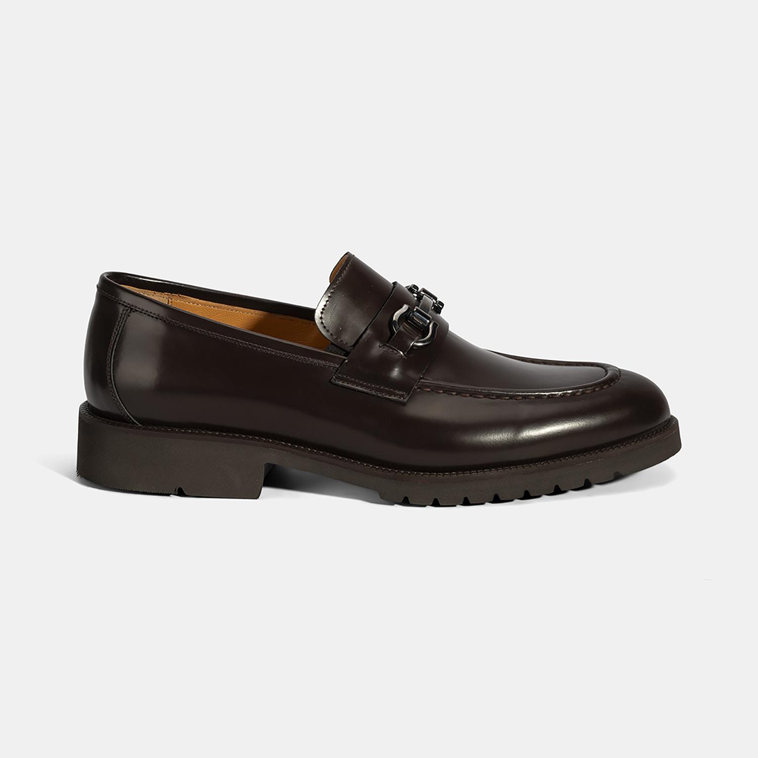 Erkek Kahve Metal Aksesuarlı Deri Loafer
