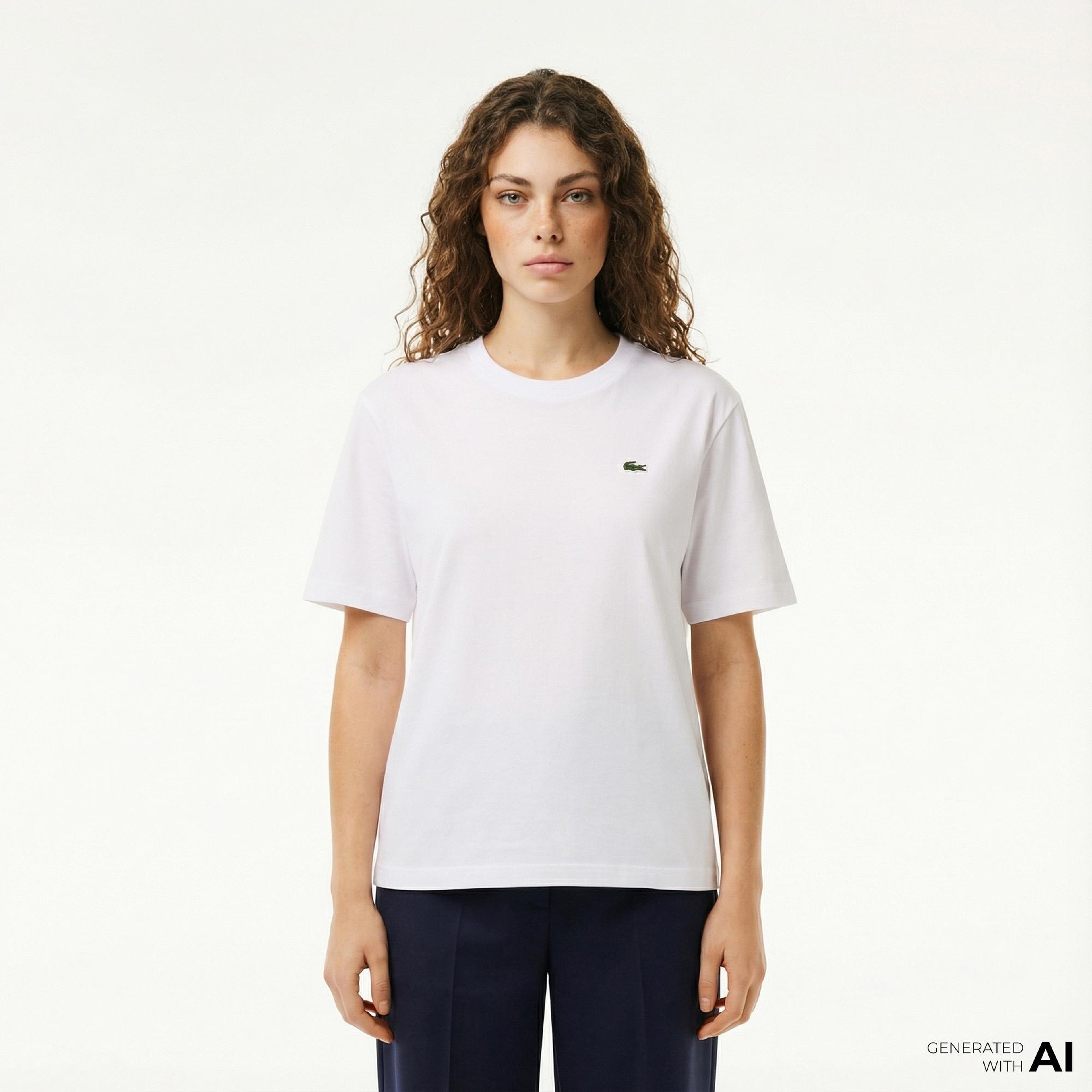 Lacoste Kadın Relaxed Fit Bisiklet Yaka Beyaz T-Shirt