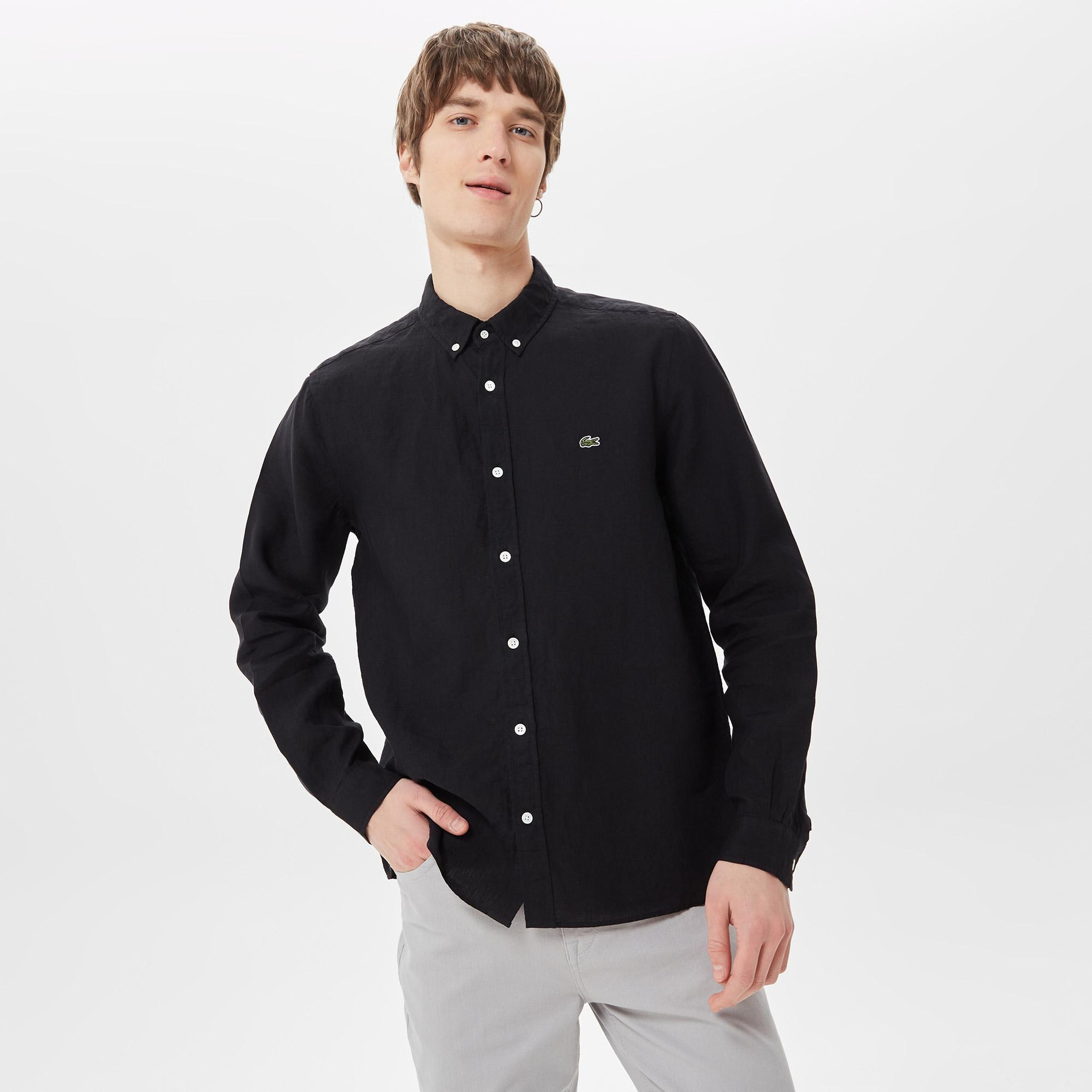 Lacoste Erkek Regular Fit Düğmeli Yaka Keten Siyah Gömlek