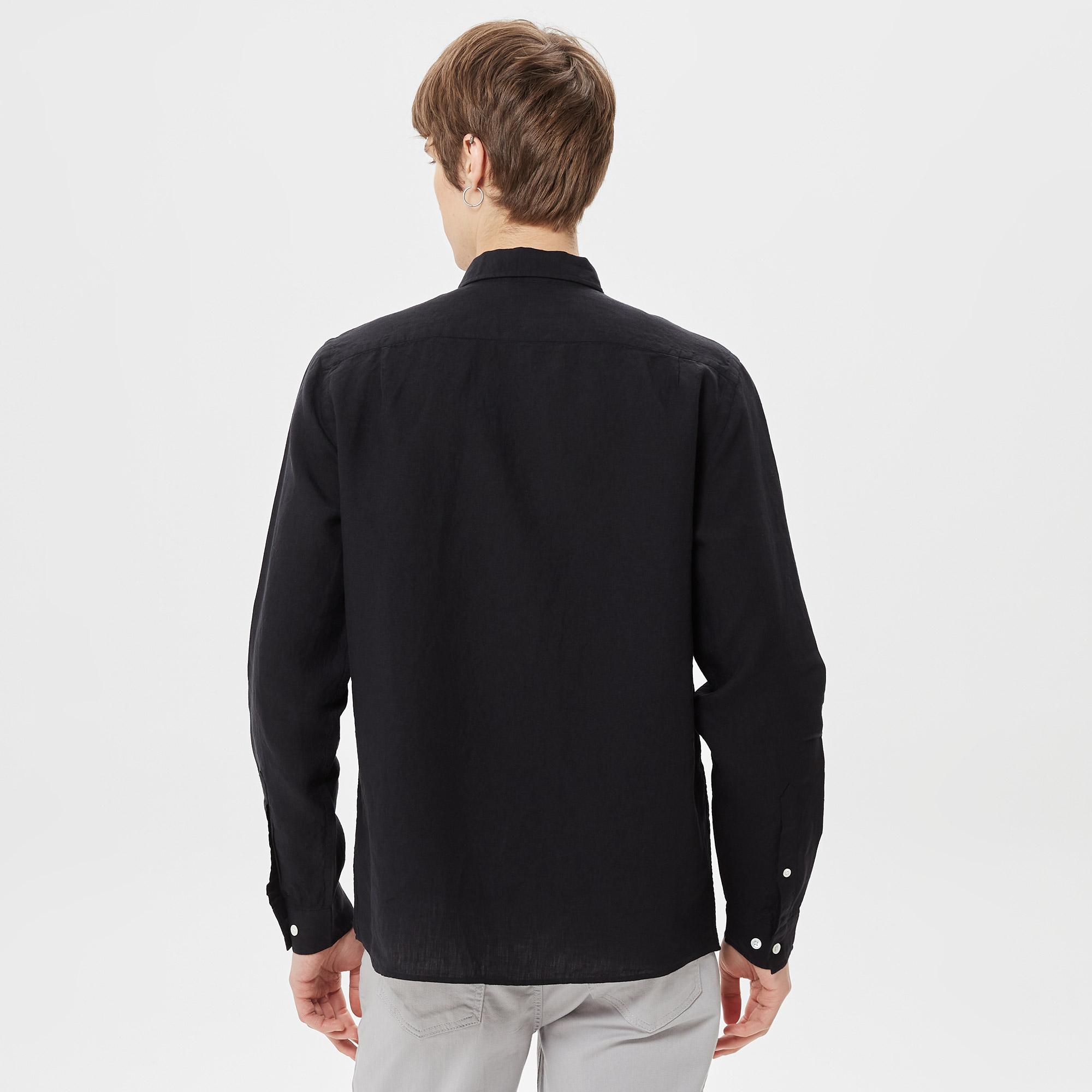 Lacoste Erkek Regular Fit Düğmeli Yaka Keten Siyah Gömlek