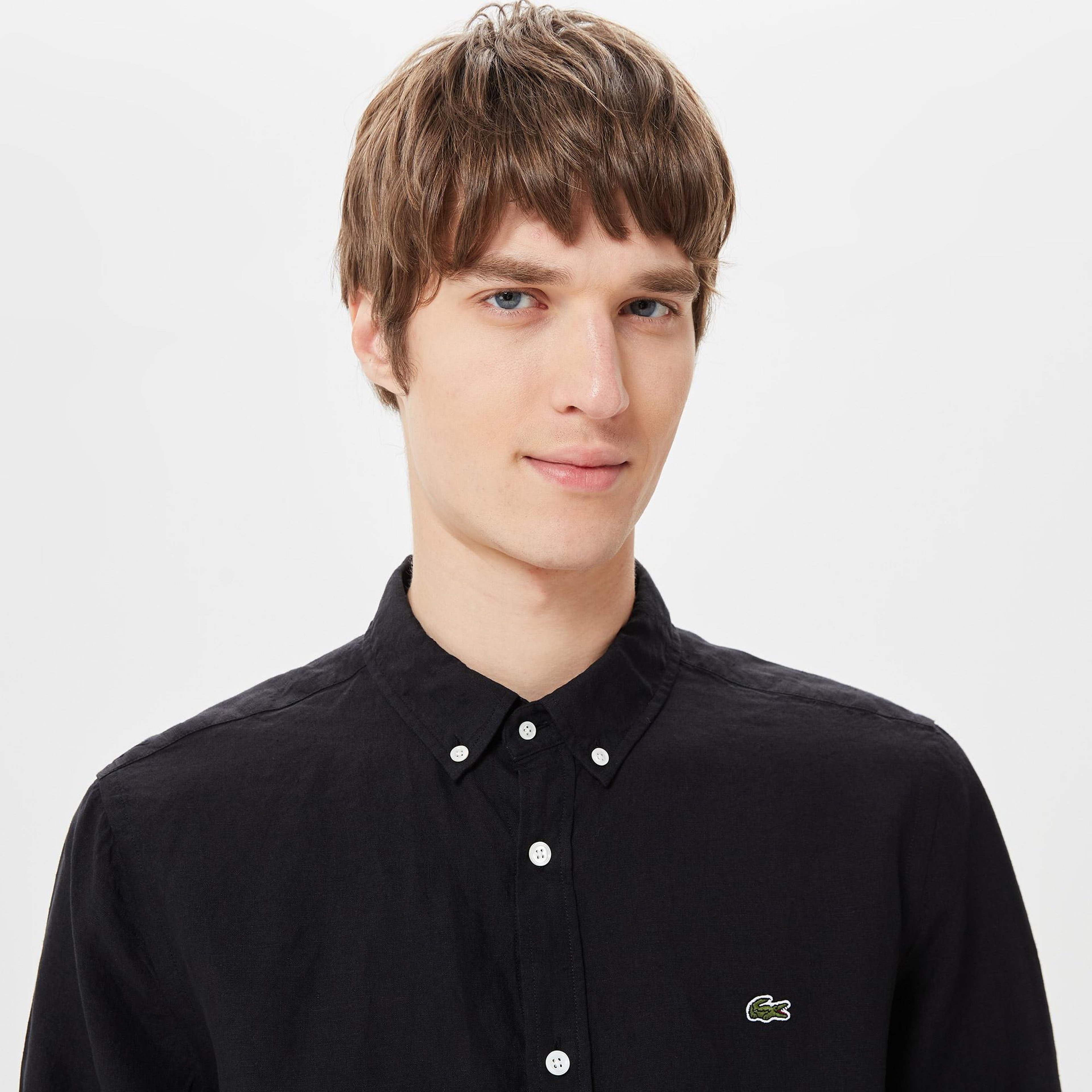Lacoste Erkek Regular Fit Düğmeli Yaka Keten Siyah Gömlek