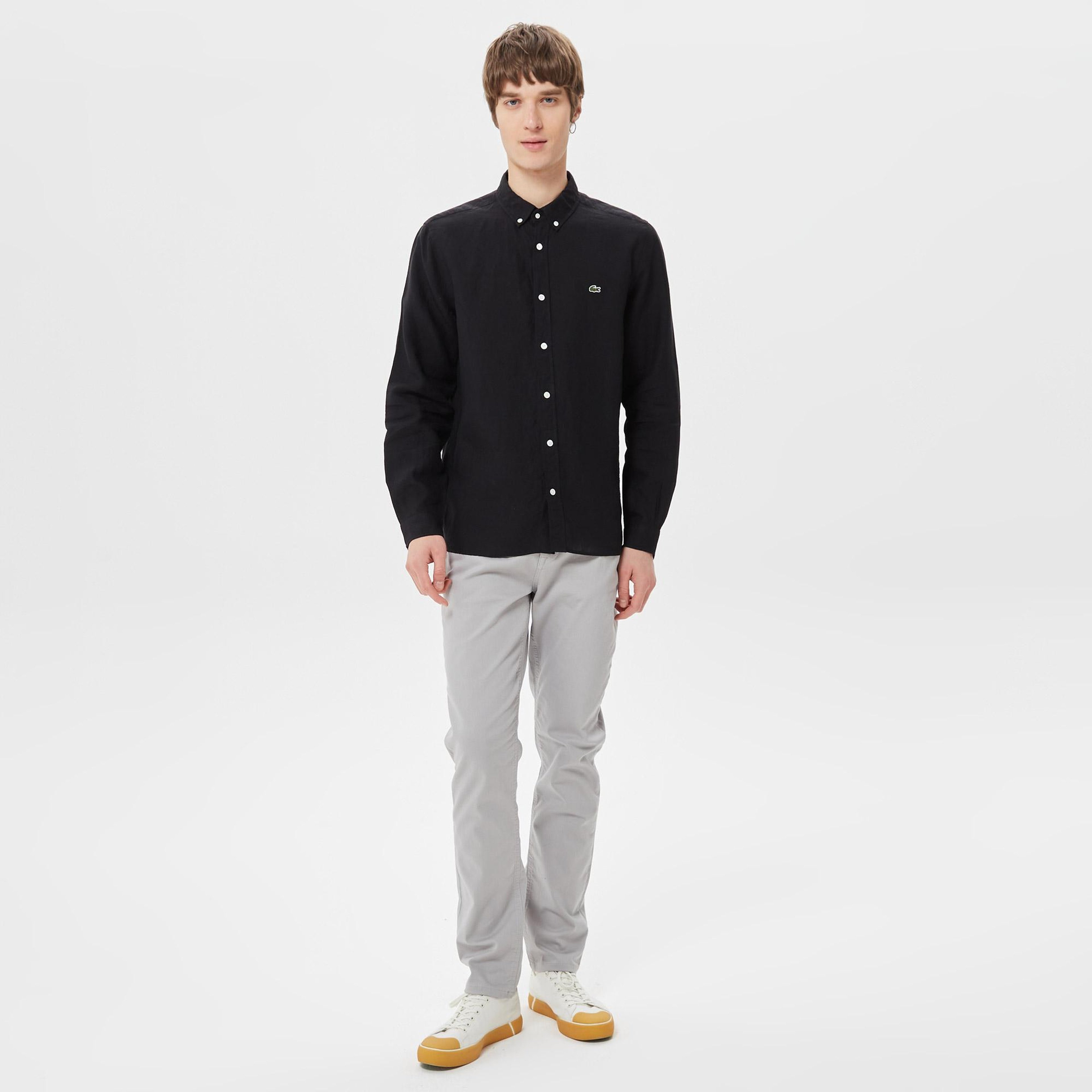 Lacoste Erkek Regular Fit Düğmeli Yaka Keten Siyah Gömlek