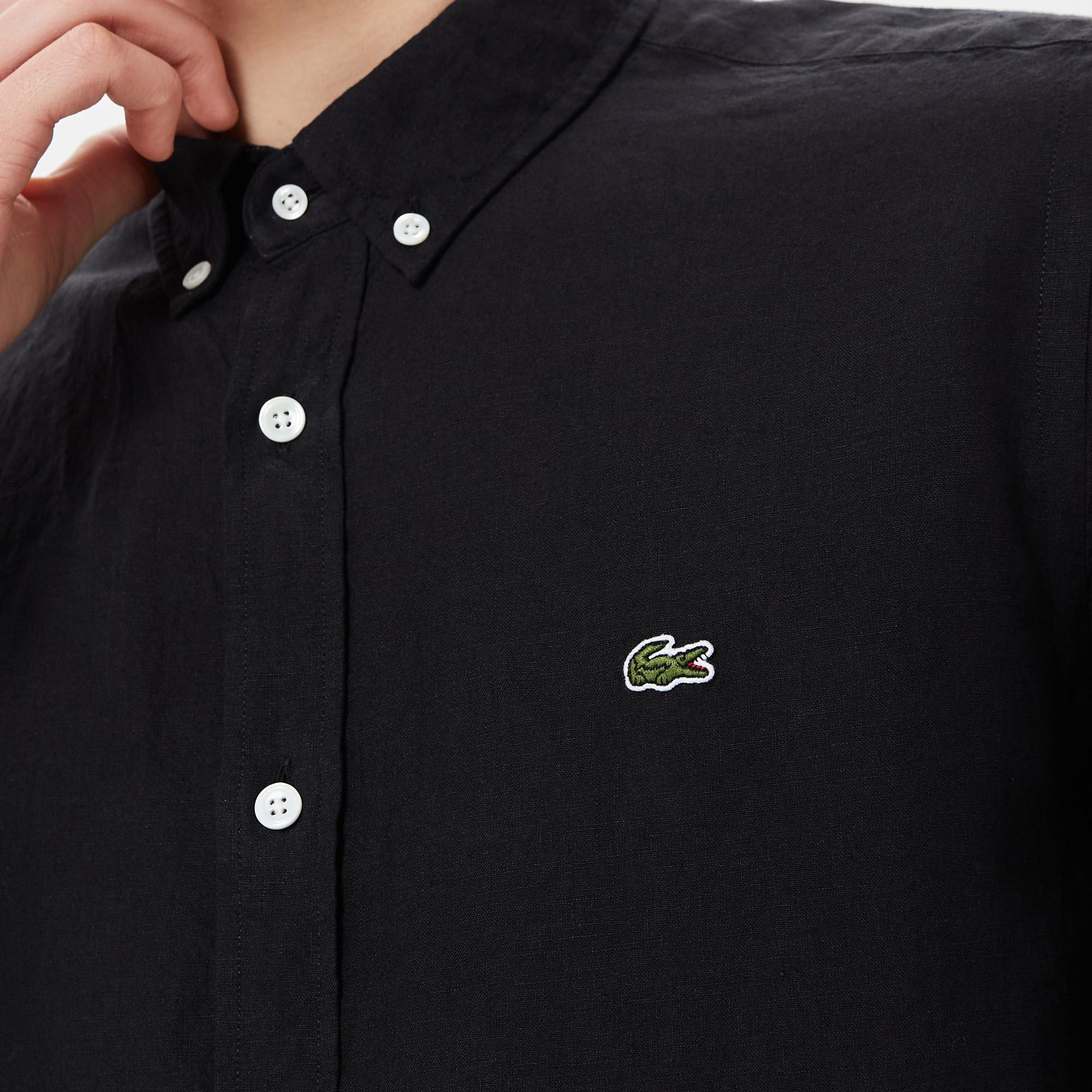 Lacoste Erkek Regular Fit Düğmeli Yaka Keten Siyah Gömlek
