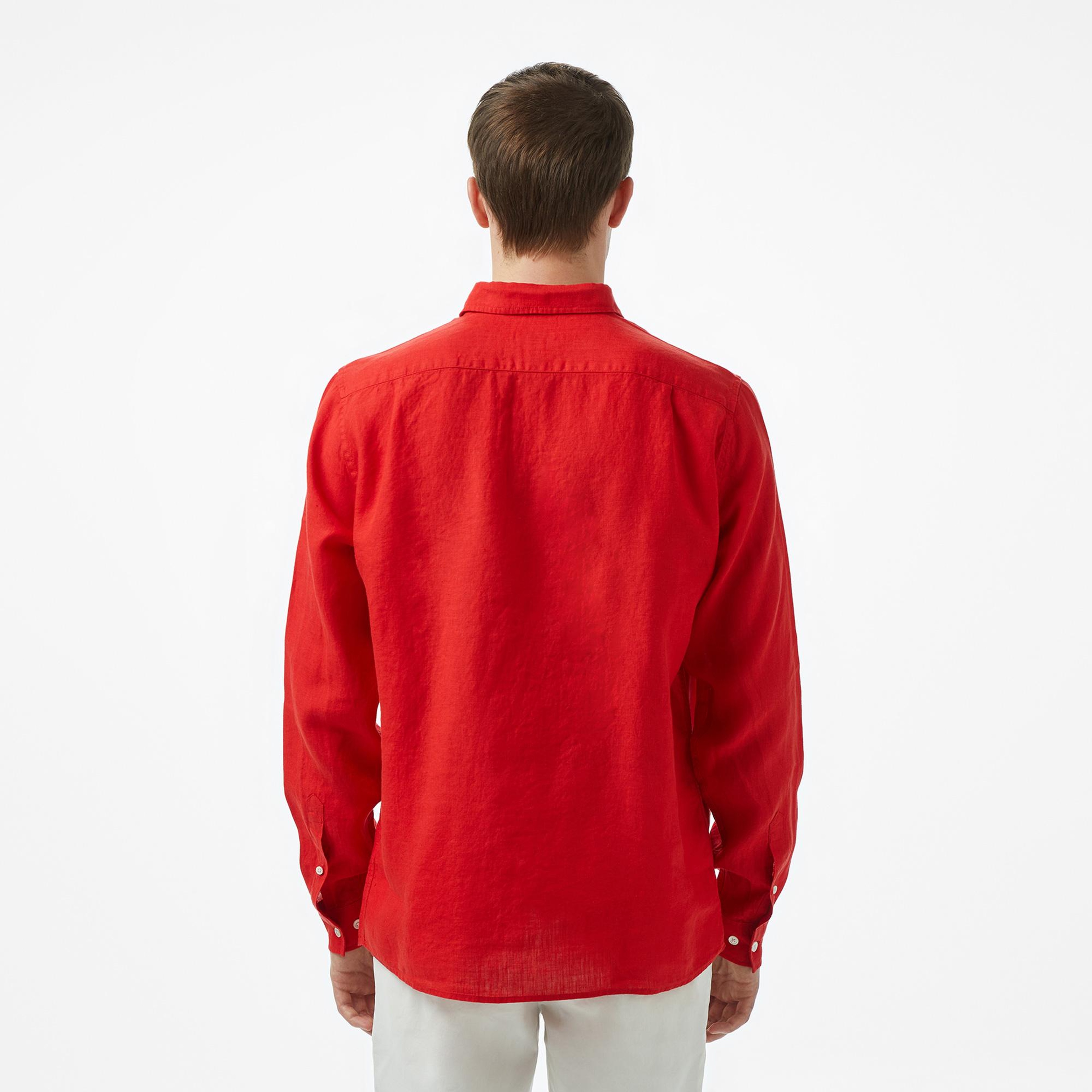 Lacoste Erkek Regular Fit Düğmeli Yaka Keten Kırmızı Gömlek