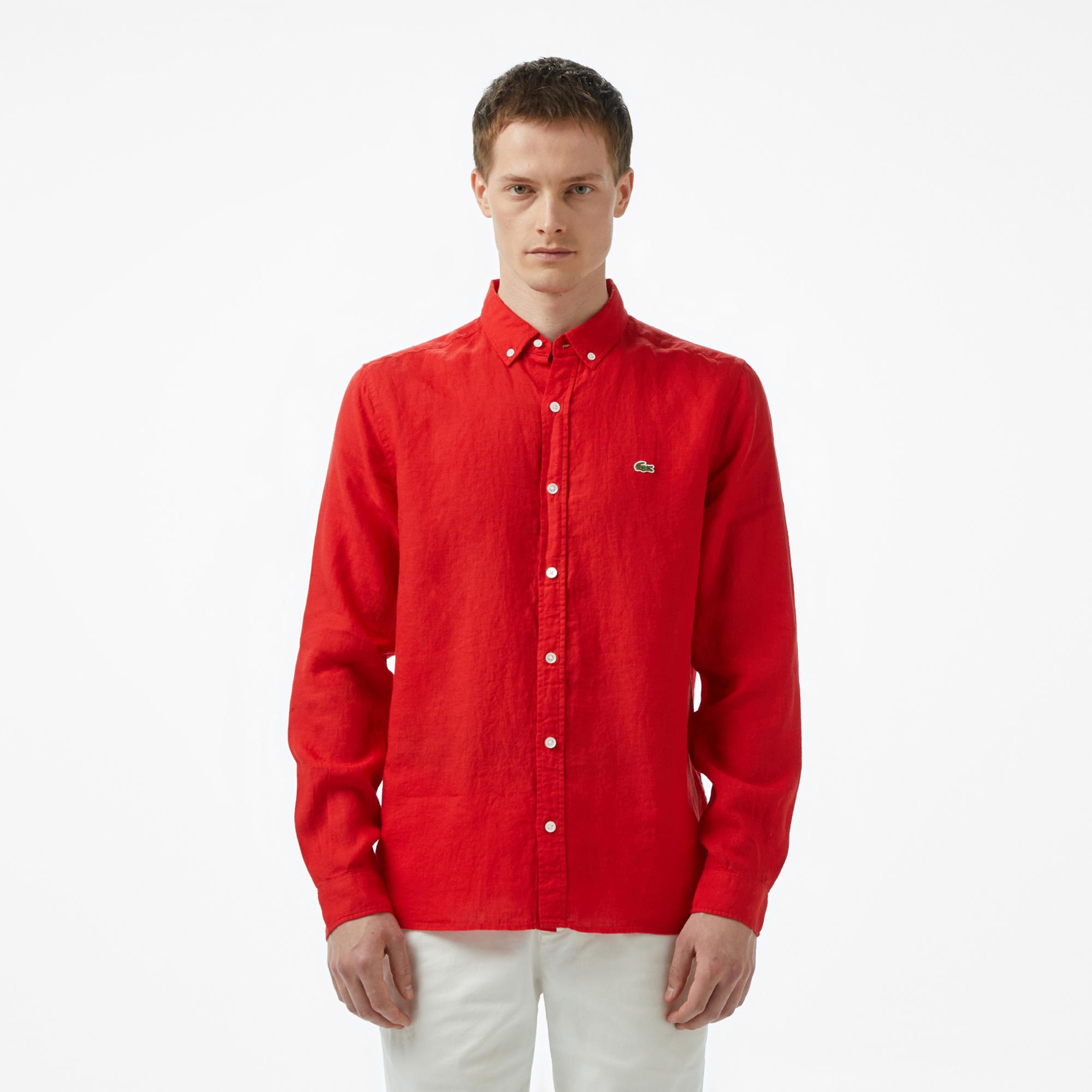 Lacoste Erkek Regular Fit Düğmeli Yaka Keten Kırmızı Gömlek