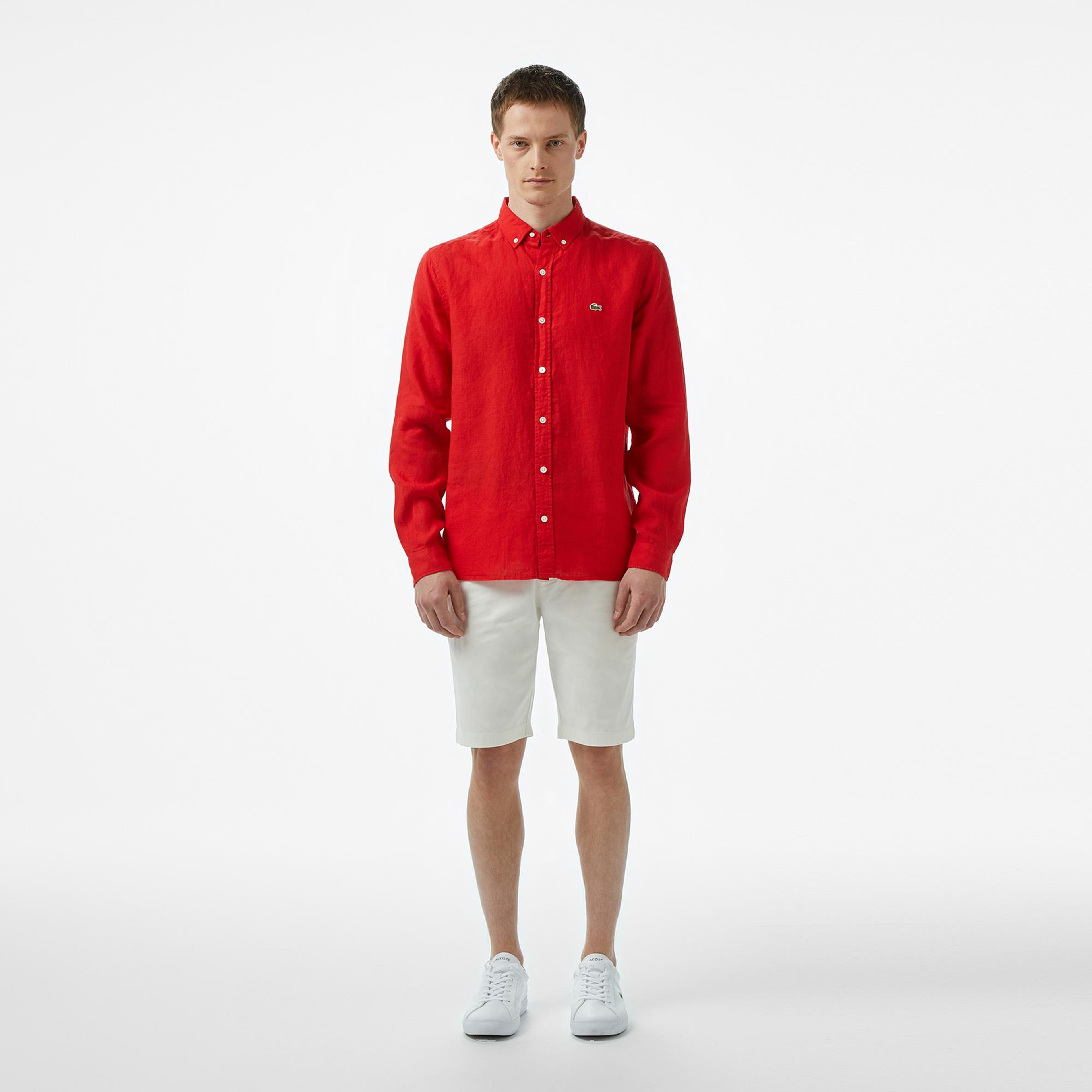 Lacoste Erkek Regular Fit Düğmeli Yaka Keten Kırmızı Gömlek