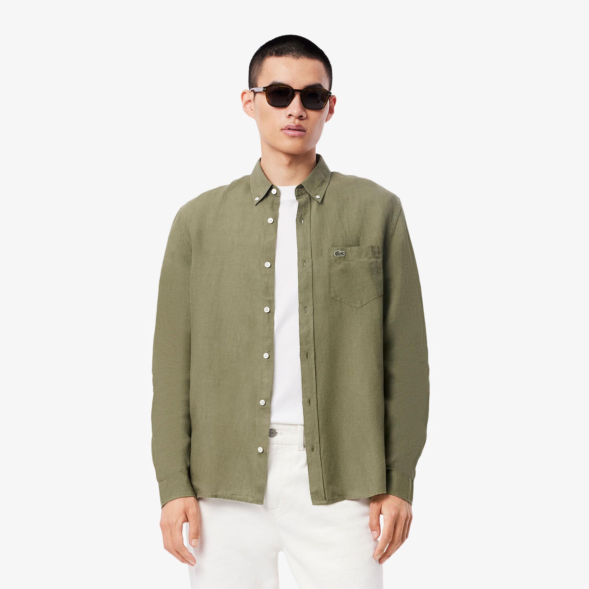 Lacoste Erkek Regular Fit Düğmeli Yaka Keten Haki Gömlek