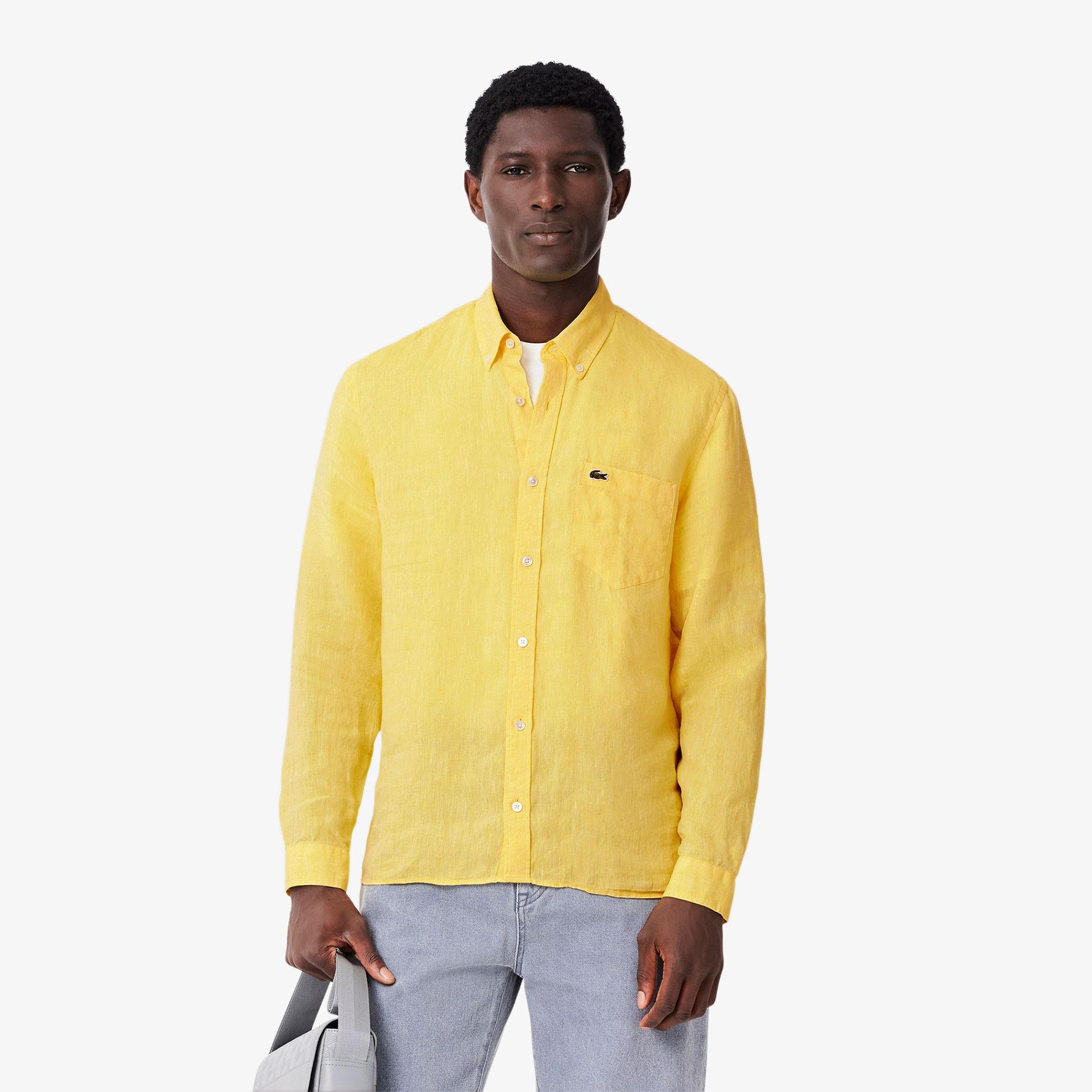 Lacoste Erkek Regular Fit Düğmeli Yaka Keten Sarı Gömlek