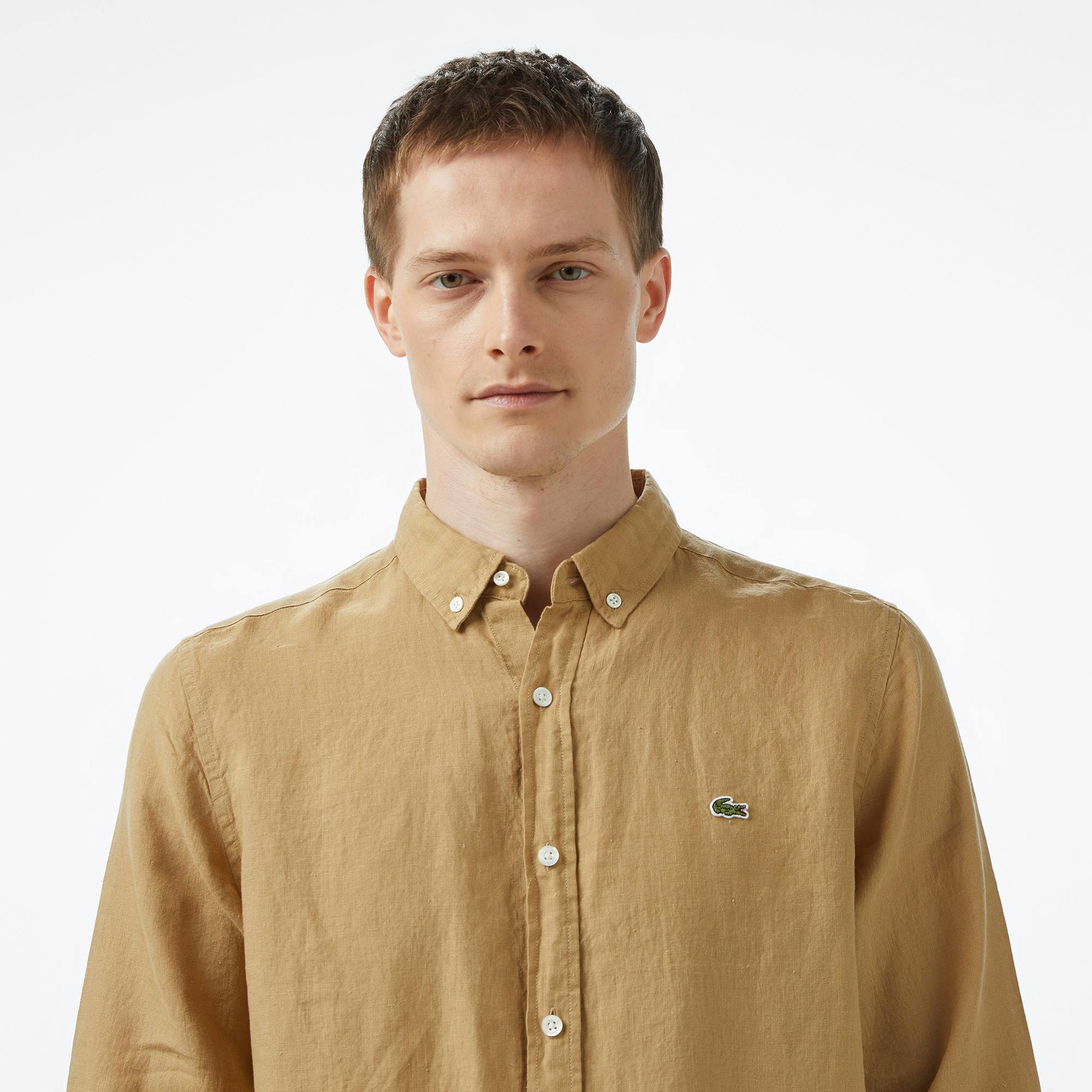Lacoste Erkek Regular Fit Düğmeli Yaka Keten Bej Gömlek