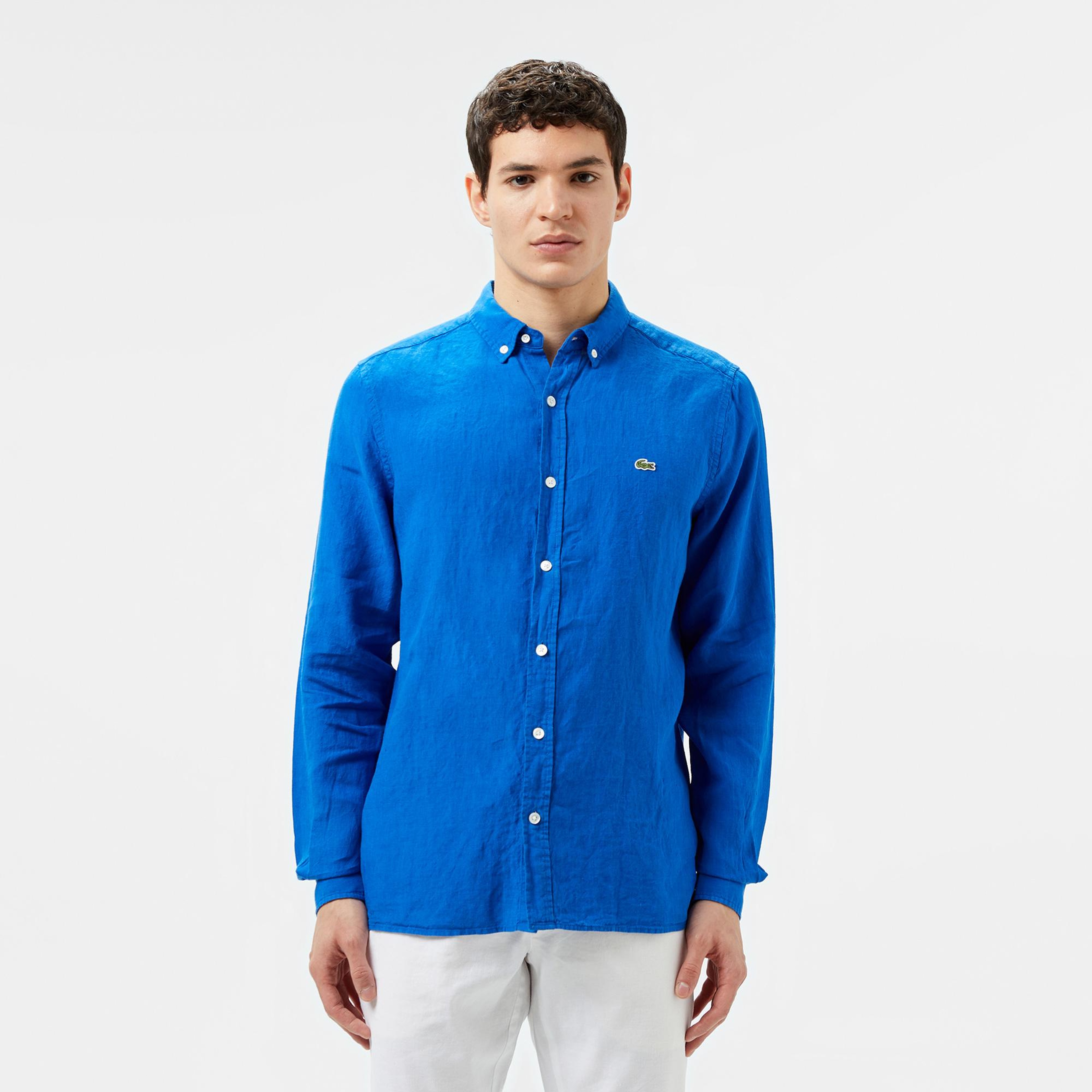 Lacoste Erkek Regular Fit Düğmeli Yaka Keten Mavi Gömlek