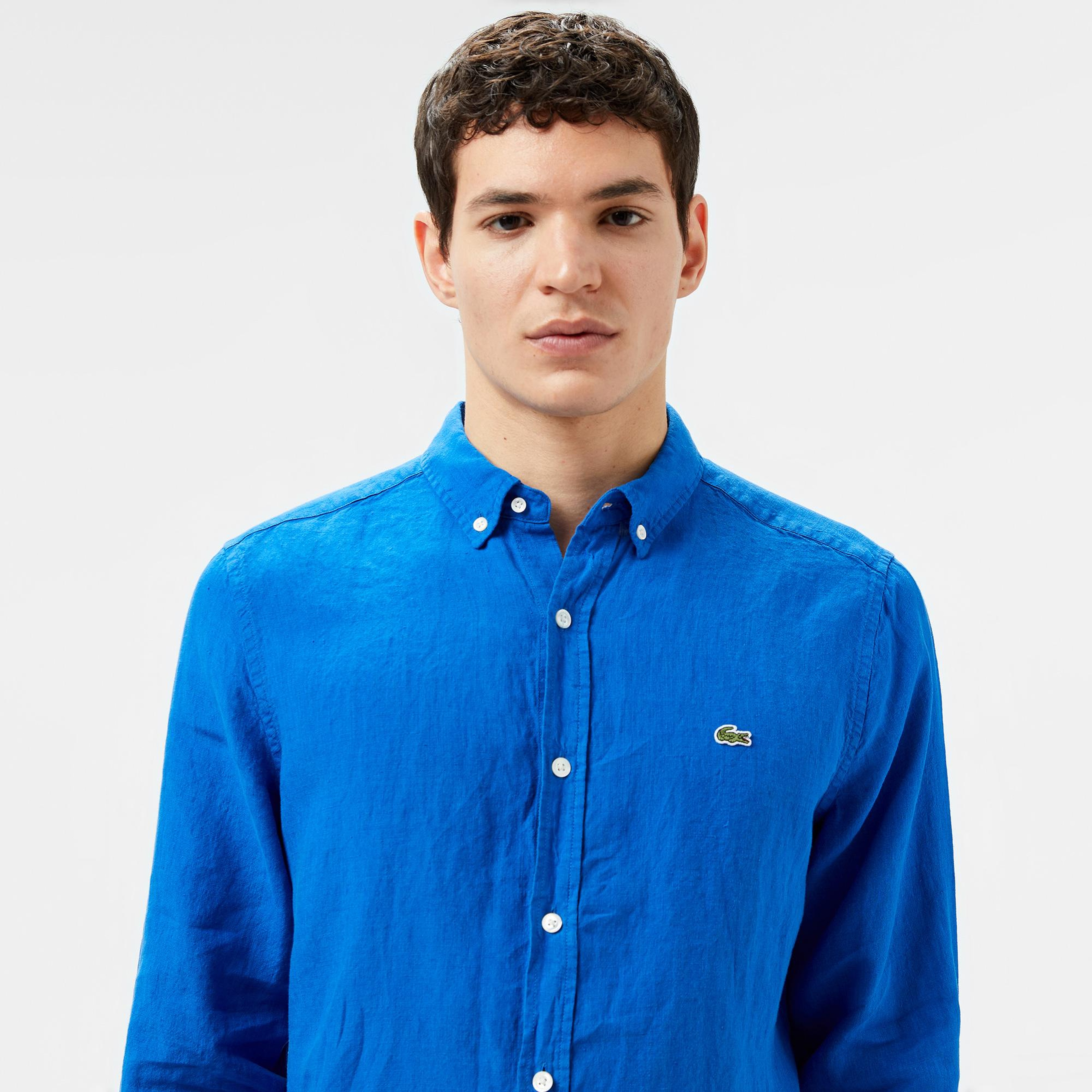 Lacoste Erkek Regular Fit Düğmeli Yaka Keten Mavi Gömlek
