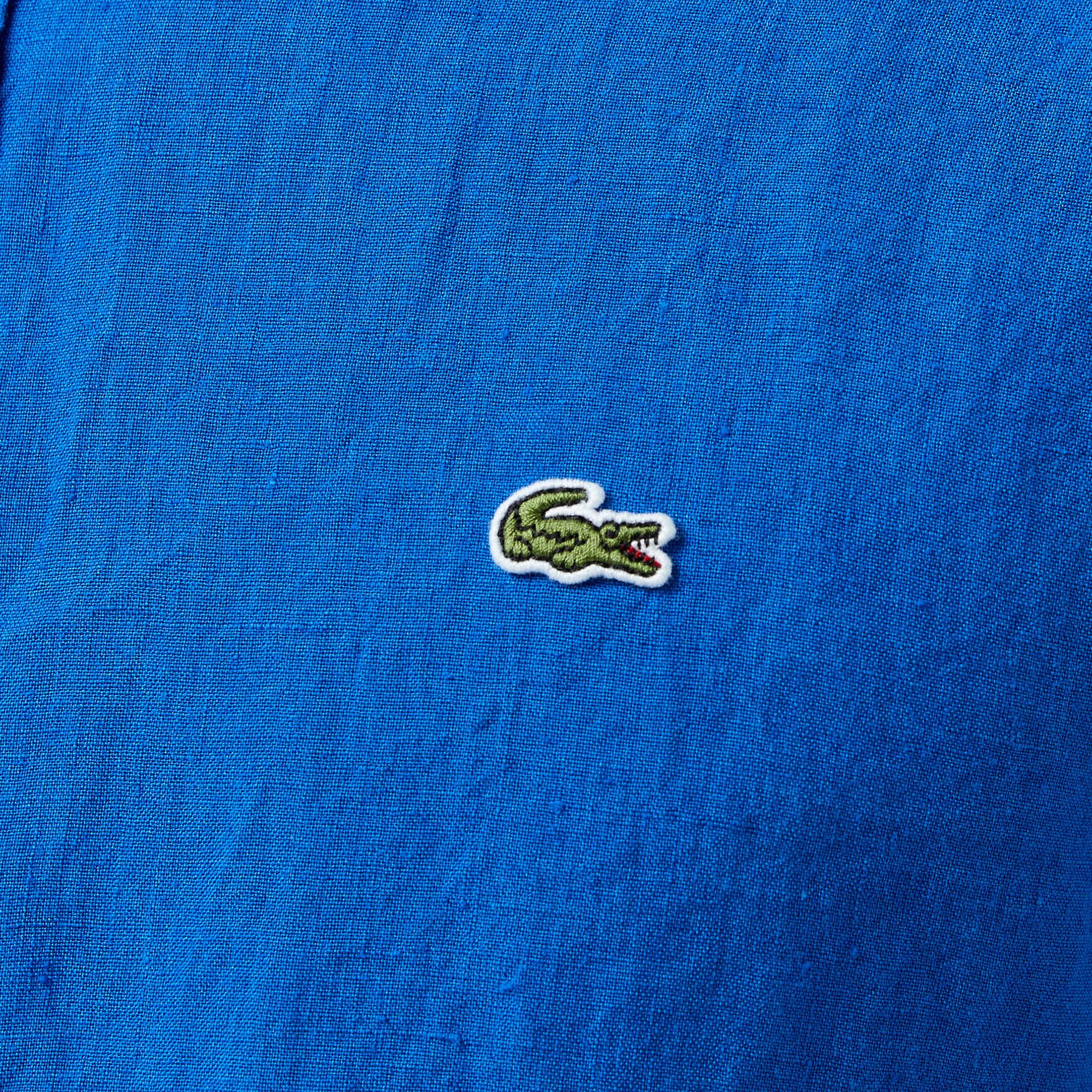 Lacoste Erkek Regular Fit Düğmeli Yaka Keten Mavi Gömlek