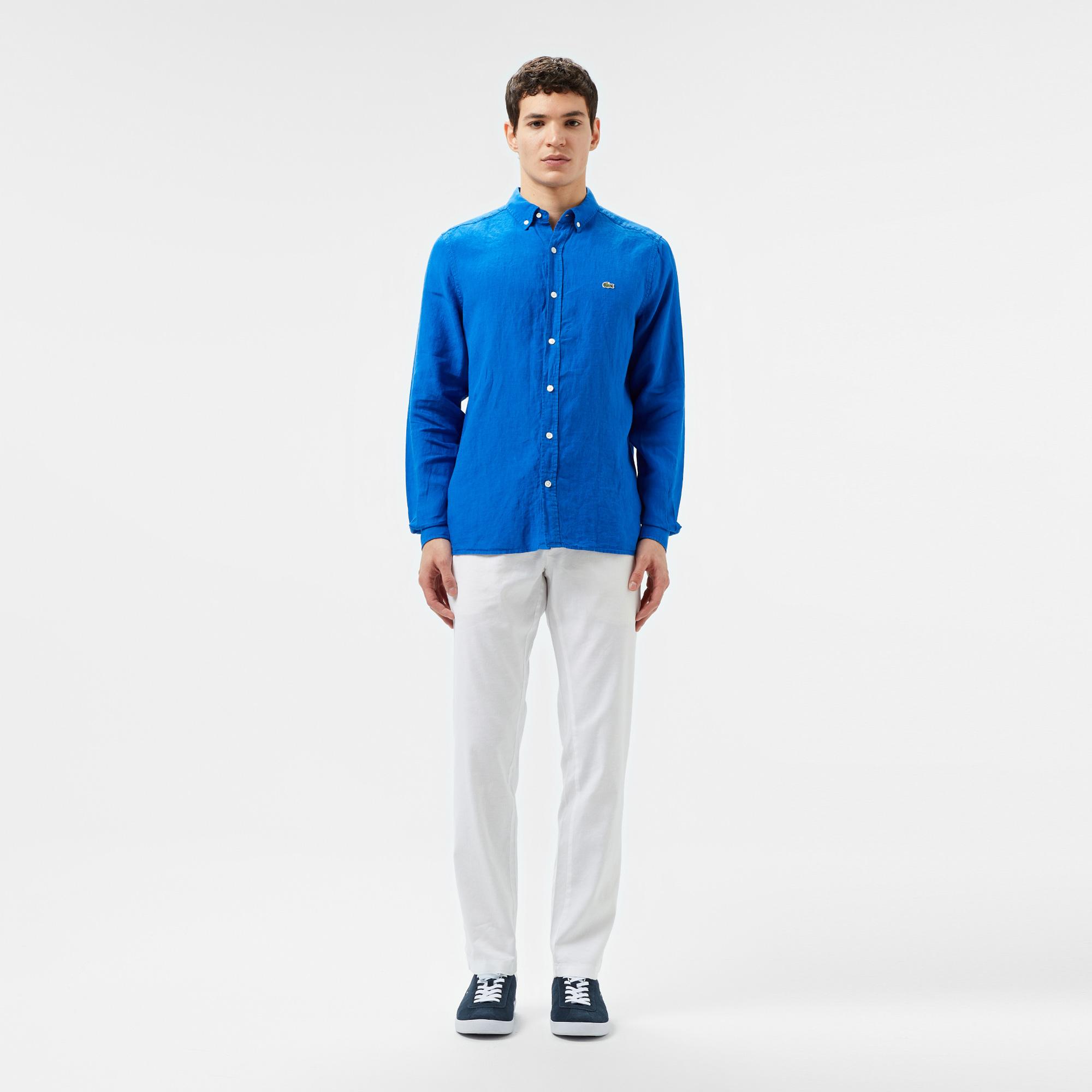 Lacoste Erkek Regular Fit Düğmeli Yaka Keten Mavi Gömlek