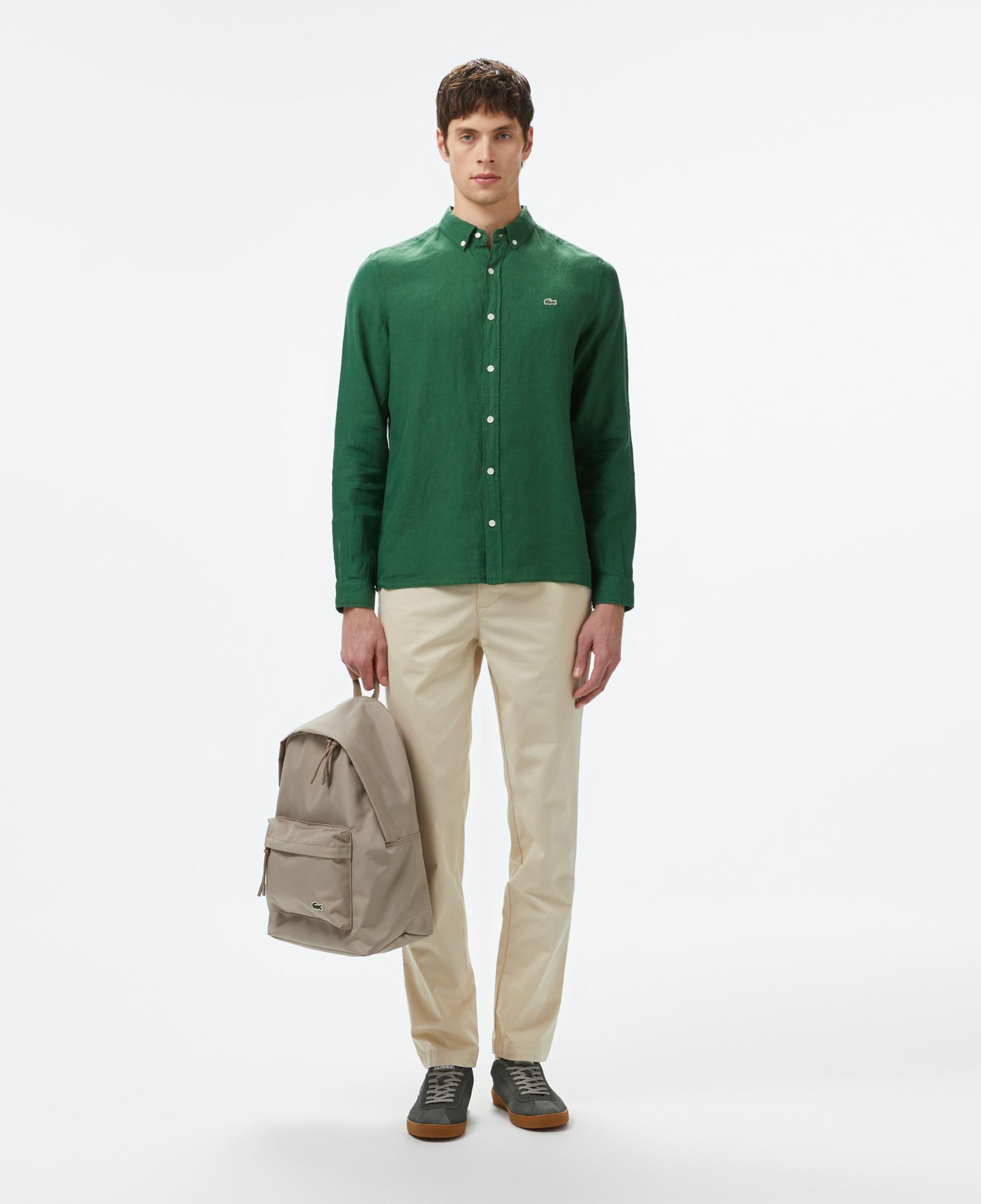 Lacoste Erkek Regular Fit Düğmeli Yaka Keten Koyu Yeşil Gömlek