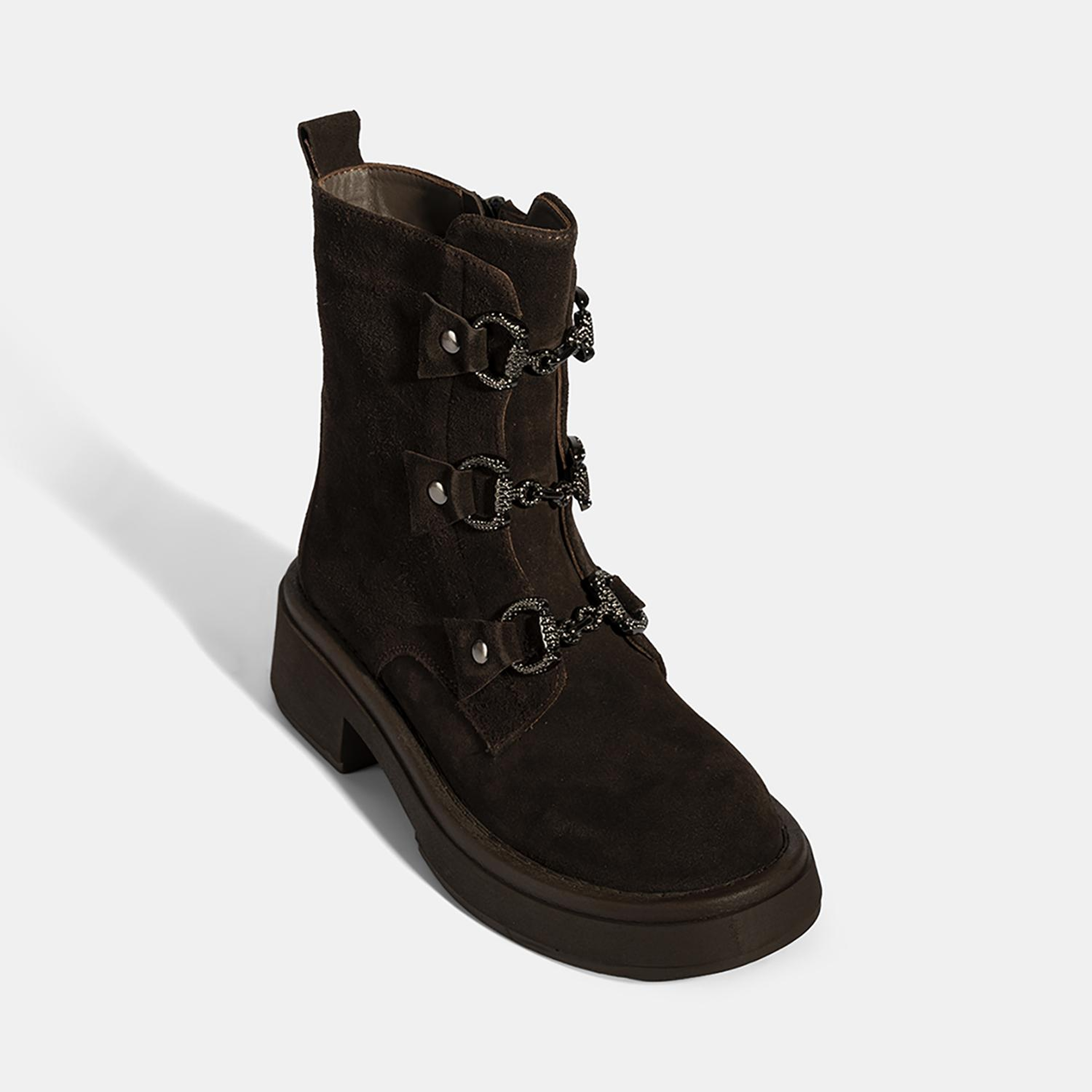 Kadın Kahve Metal Toka Detaylı Süet Deri Bot